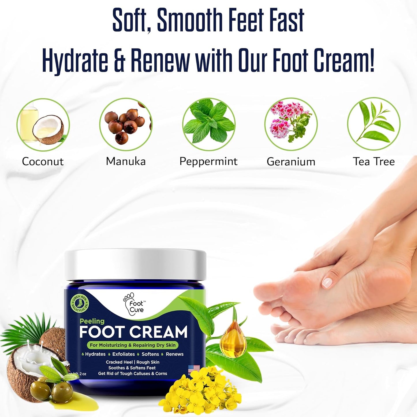 Tea Tree Oil Foot Cream - Moisturizing Athletes Foot Care For Dry Cracked Feet Cream - Heel & Callus Removal, Toenail Treatment, Itchiness Relief - Made in USA Foot Cream, 2 Ounce Pack of 2