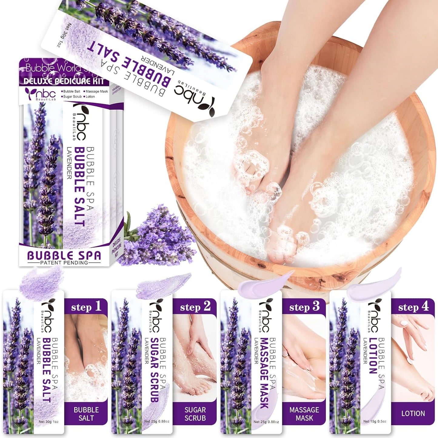 Pedicure Kit Foot Soak Set: Bubble Salt, Sugar Scrub, Massage Mask, Massage Lotion in a Box, 4 Step Foot Spa Kit for Dry Feet,Tired Feet(1 Set Lavender)