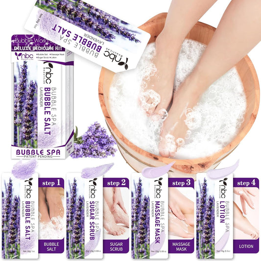 Pedicure Kit Foot Soak Set: Bubble Salt, Sugar Scrub, Massage Mask, Massage Lotion in a Box, 4 Step Foot Spa Kit for Dry Feet,Tired Feet(1 Set Lavender)