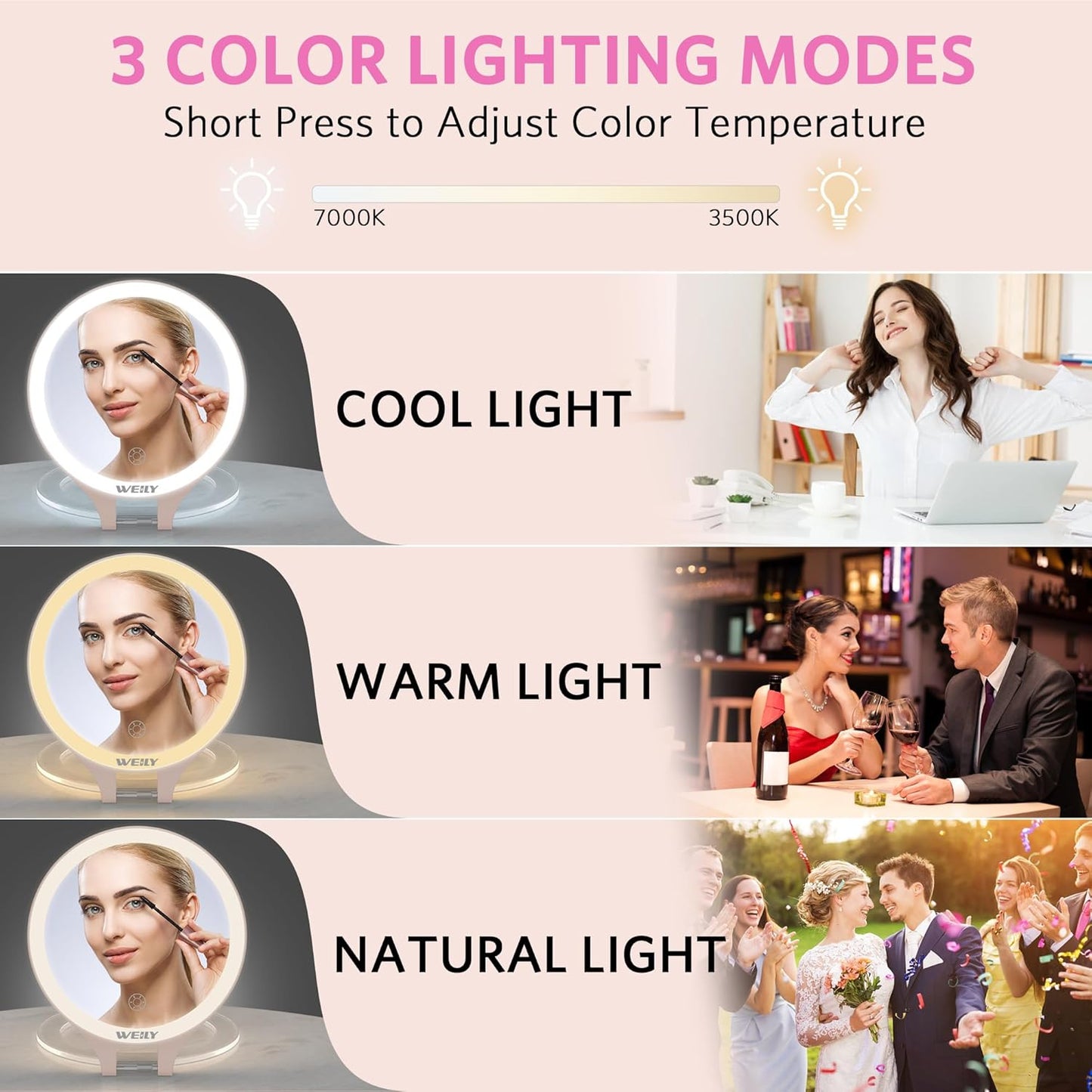 WEILY Magnifying Mirror with Light, 10X/1X Magnification Double-Sided Travel Makeup Mirror, with 3 Color Lights, Touch Control, Rechargeable Portable Mirrors for Bedroom, Bathroom (Pink)