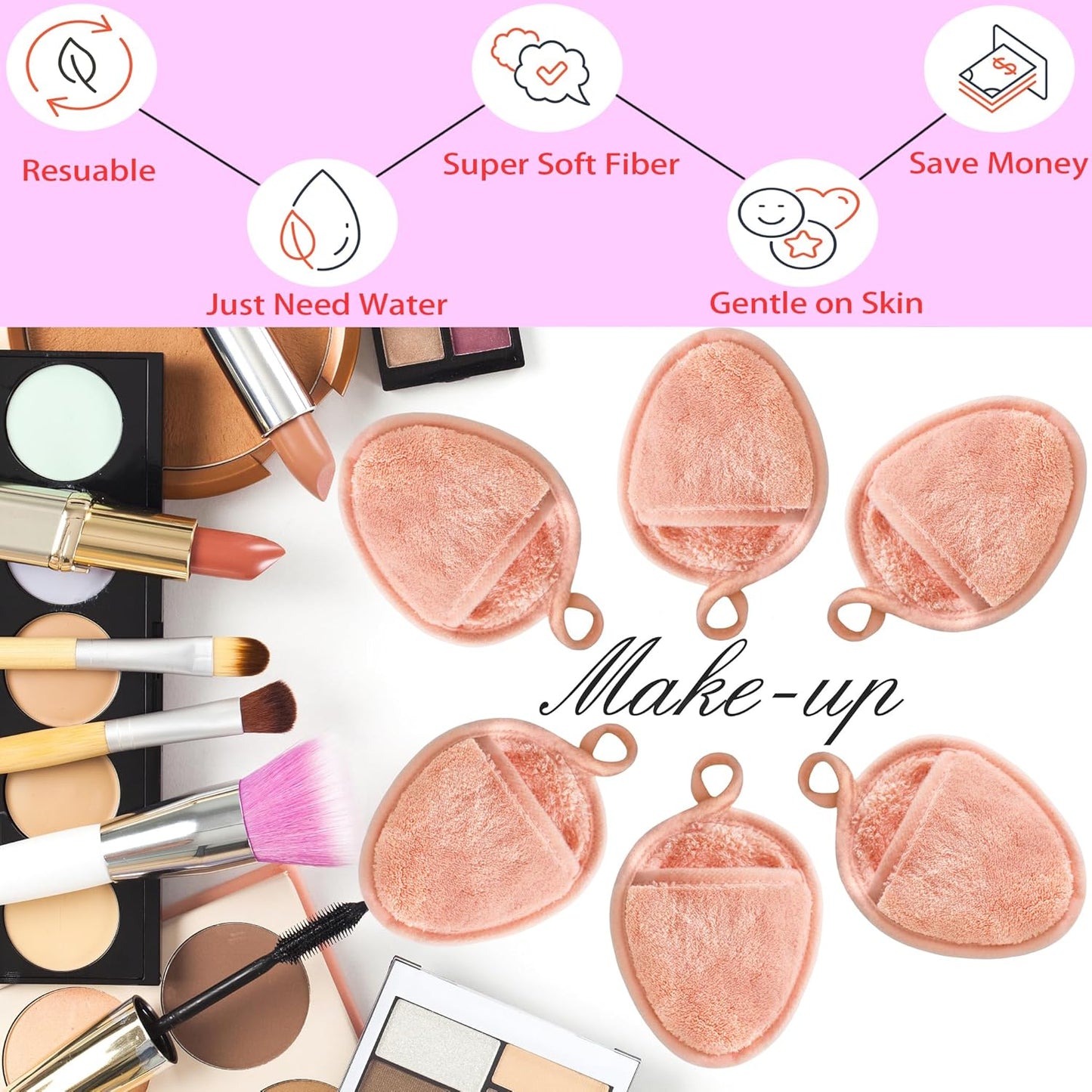 Reusable Makeup Remover Pads Soft Makeup Remover Cloths Washable Facial Makeup Cleansing Pads for Face,Lip,Eyes Orange 6PCS