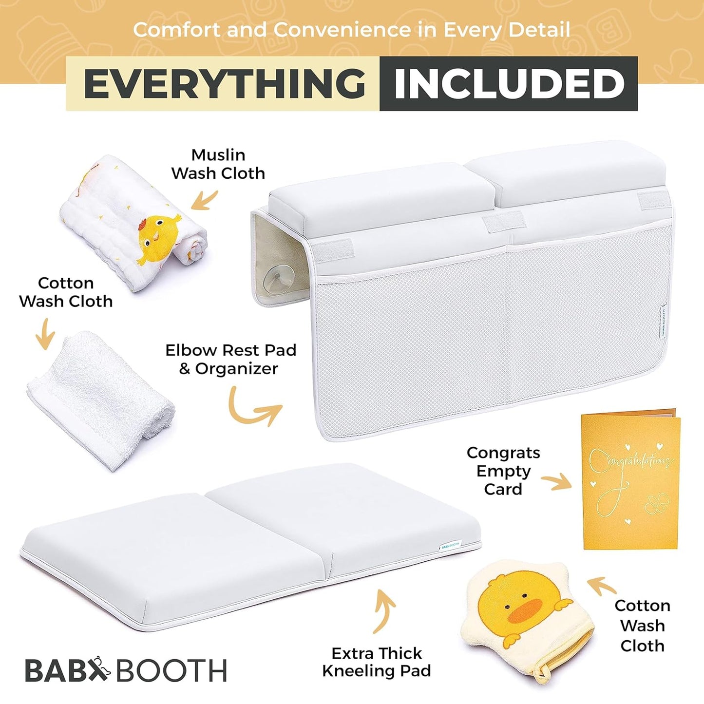 Bath Kneeler and Elbow Rest Pad, Extra Thick Baby Bath Kneeling Pad and Elbow Pad for Bathtub. Bath Tub Elbow Pad with Infant Toy and Baby Accessories Organizer, Off White Color