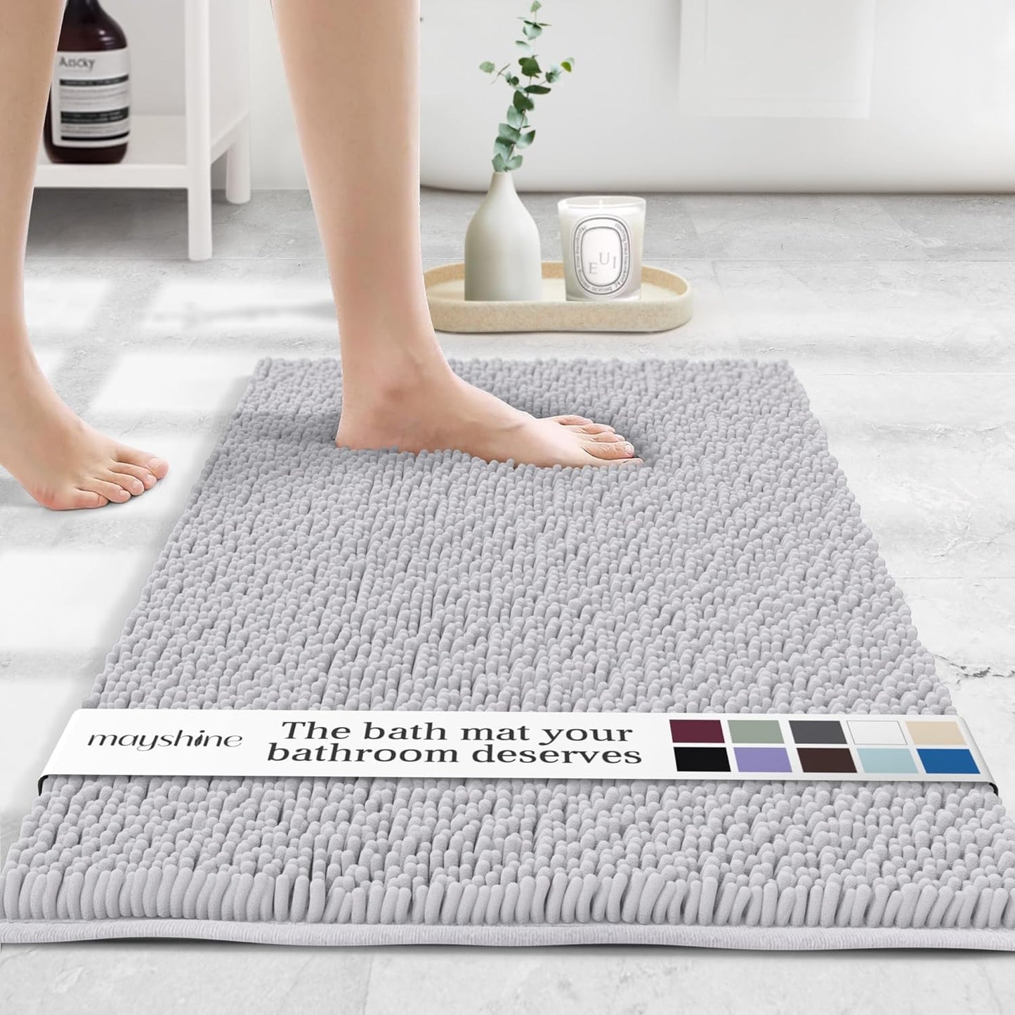 MAYSHINE Plush Shaggy Chenille Bath Mat | Extra Soft, Super Absorbent, Non-Slip Bathroom Rug | Fluffy Microfiber, Area Rug Sets for Bathroom Floor, Kitchen, Living Room | 32"x20" | White