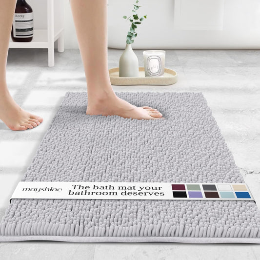 MAYSHINE Plush Shaggy Chenille Bath Mat | Extra Soft, Super Absorbent, Non-Slip Bathroom Rug | Fluffy Microfiber, Area Rug Sets for Bathroom Floor, Kitchen, Living Room | 32"x20" | White