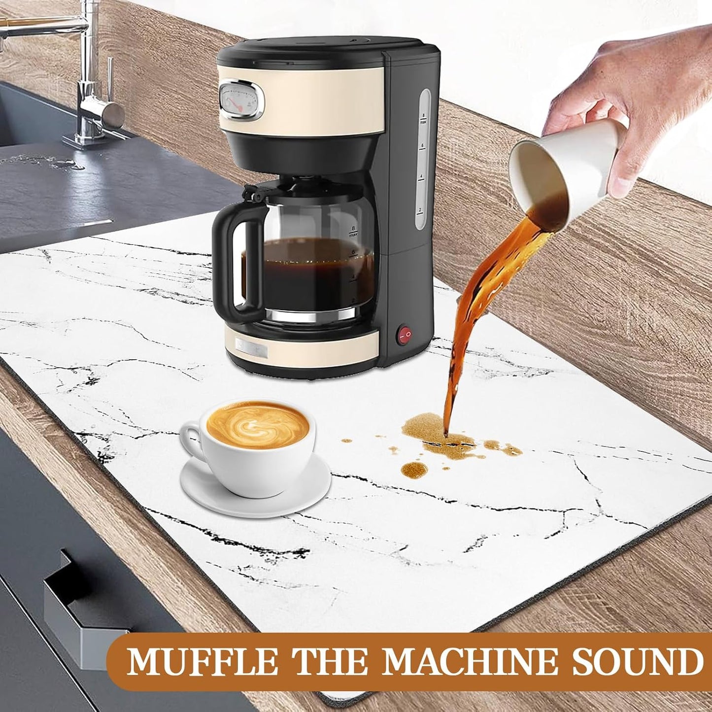 White Dish Drying Mat, 24"x16" Dish Draining Mat with Non-slip Rubber Backed, Absorbent Heat Resistant Dish Drying Mats for Kitchen Counter, Easy to Clean Coffee Machine Dish Rack Pad (White)