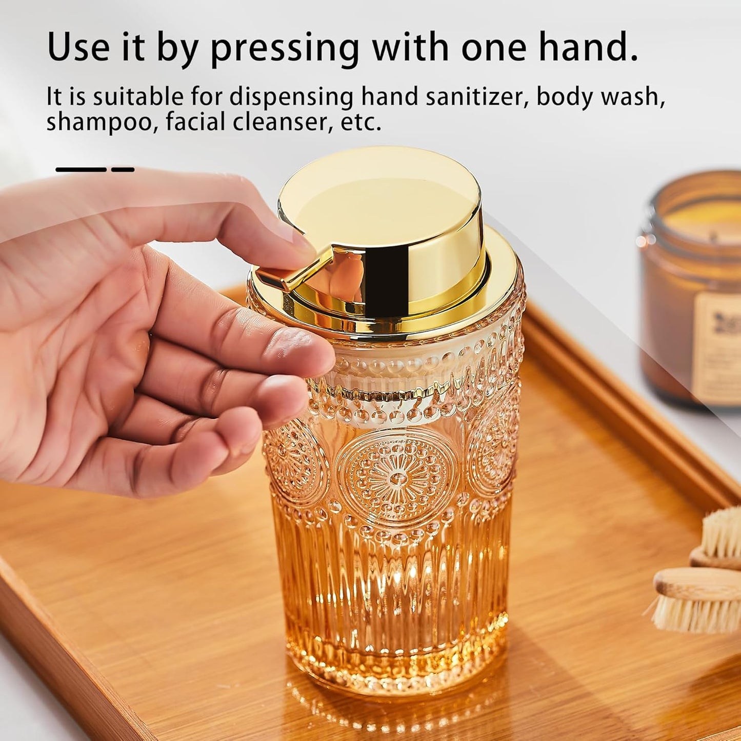 Foaming Hand Soap Dispenser, Glass Foam Toothbrush Holder, Refillable Liquid Lotion Dispenser (L-Gold-Lotion)