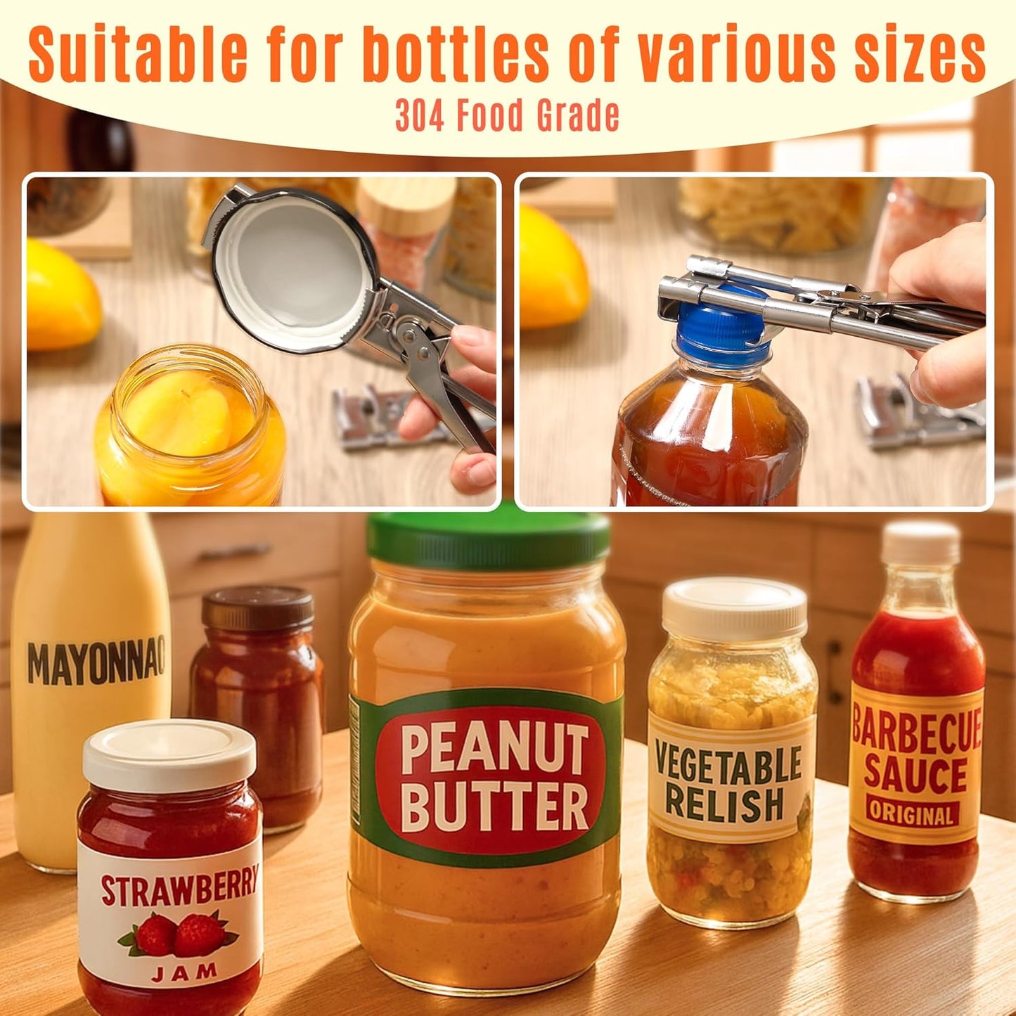 2PCS Adjustable Stainless Steel Jar Opener & 2PCS Keychain Bottle Cap Opener, Jar Openers for Seniors, Arthritis, Men, Kids, Weak Hands, Gripper Tight Lid Kitchen Gadgets