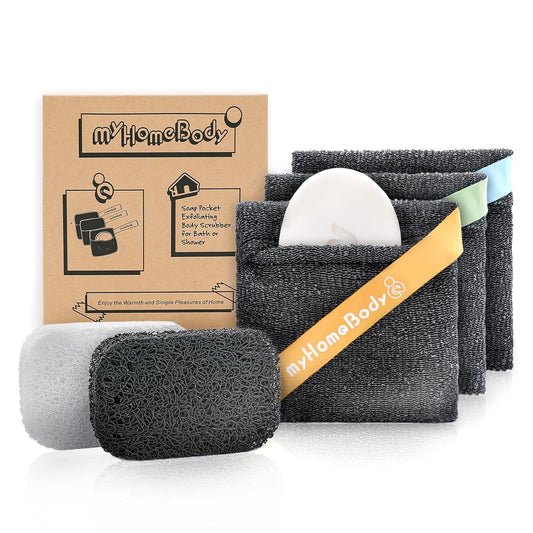 myHomeBody Soap Pocket Squares Exfoliating Pouch, Body Scrubber, Exfoliator Sponge for Bath or Shower, or Leftover Bits Saver, Graphite Gray, 3 Pack + 2 Lift Pads