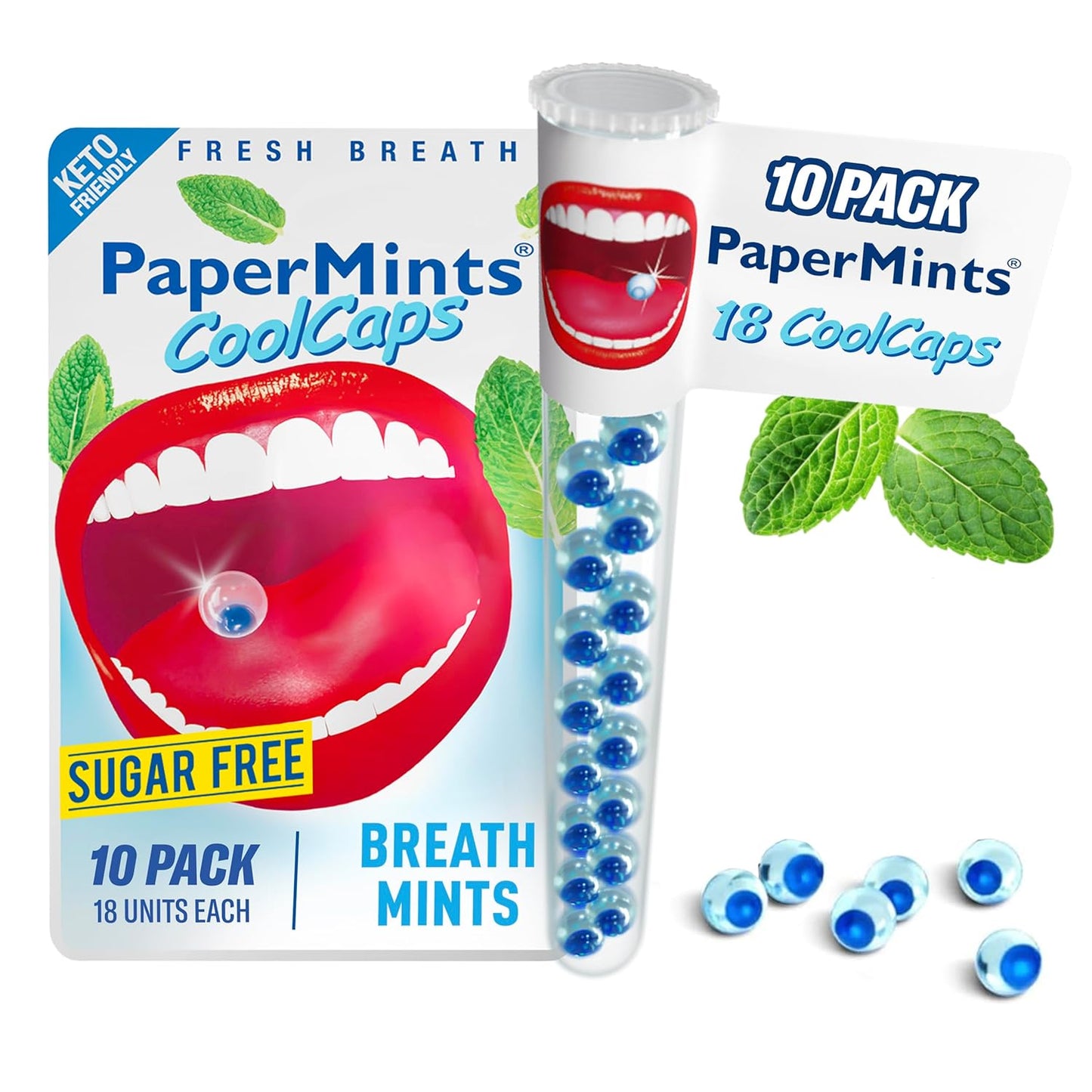 PaperMints CoolCaps - Instant Fresh Breath Mints Sugar-Free, 10 x Tubes of 18 capsules Extreme Bad Breath Treatment for Adults, Breath Freshener Pearls for Halitosis Treatment Keto-Friendly Peppermint