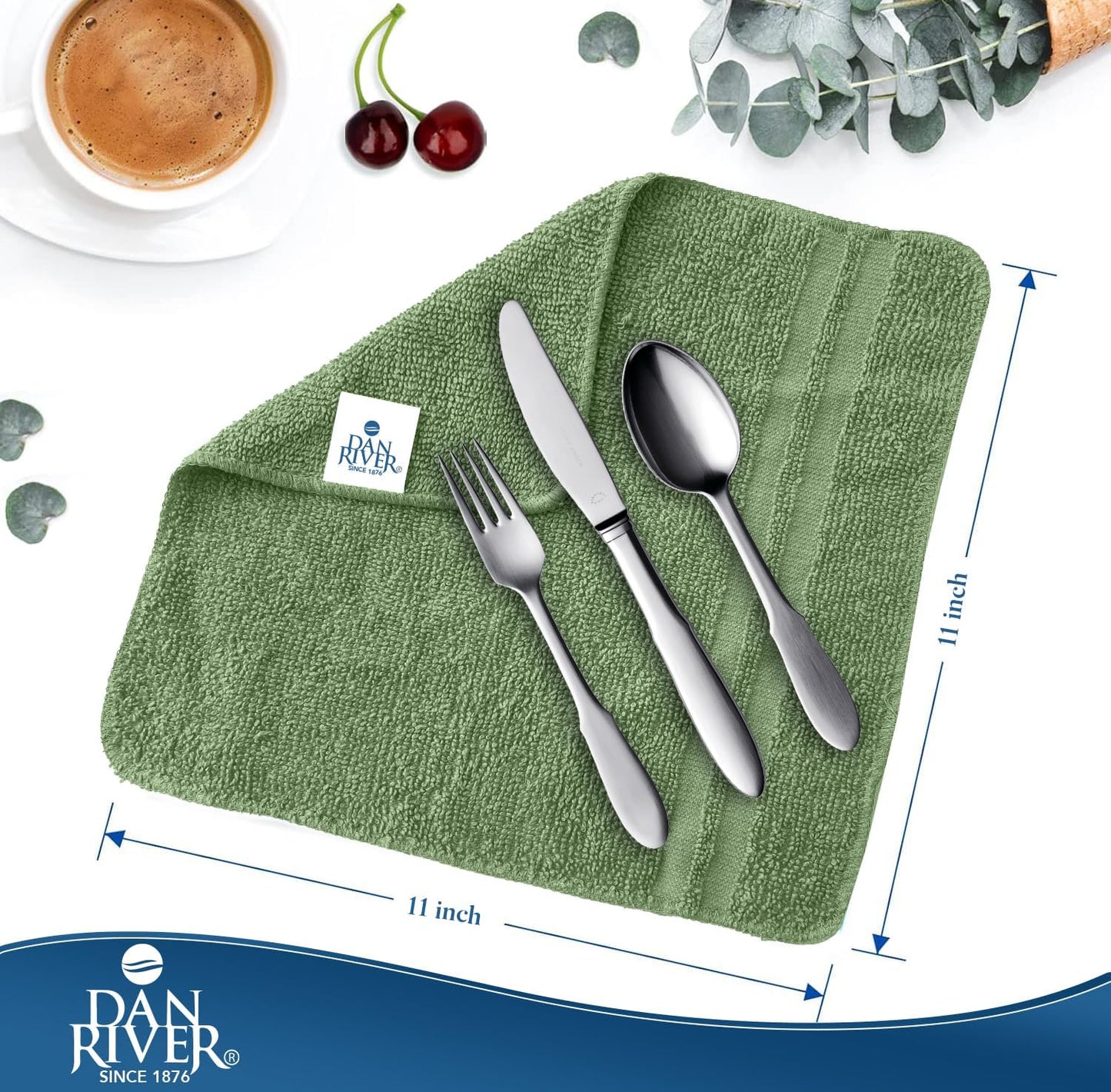 DAN RIVER 100% Cotton Washcloths 20 Pack Premium Quality Face and Body Cloth, Quick Dry Essential Towels for Bathroom, Hand, Kitchen & Cleaning, Baby Rugs | 11X11 in | 400 GSM | Sage Green+White