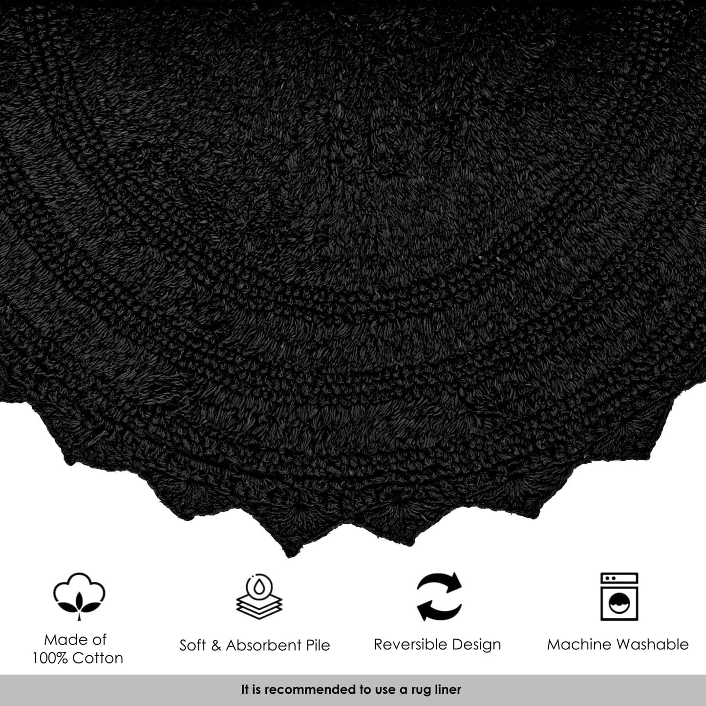 RAJRANG Black Cotton Circle Bath Mat – 24 Inches Round Reversible Rug with Crochet Detailing – Soft and Absorbent Boho Mat for Bathroom, Kitchen or Spa Use