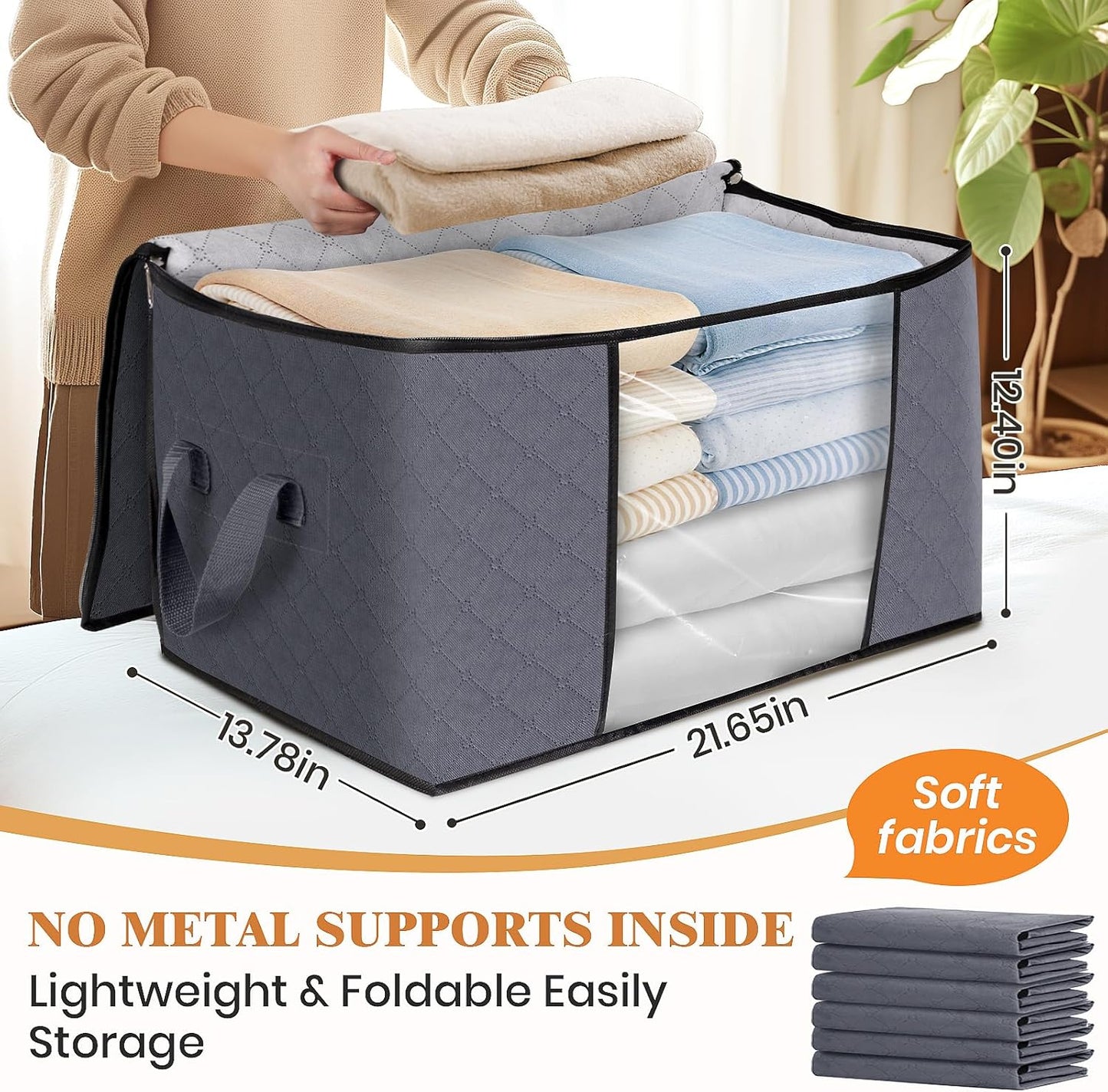 Fab totes 10 Pack Clothes Storage, Foldable Thick Fabric Blanket Storage Bags, Containers for Organizing Bedroom, Closet, Clothing, Comforter,Closet Organization with Handle,Grey