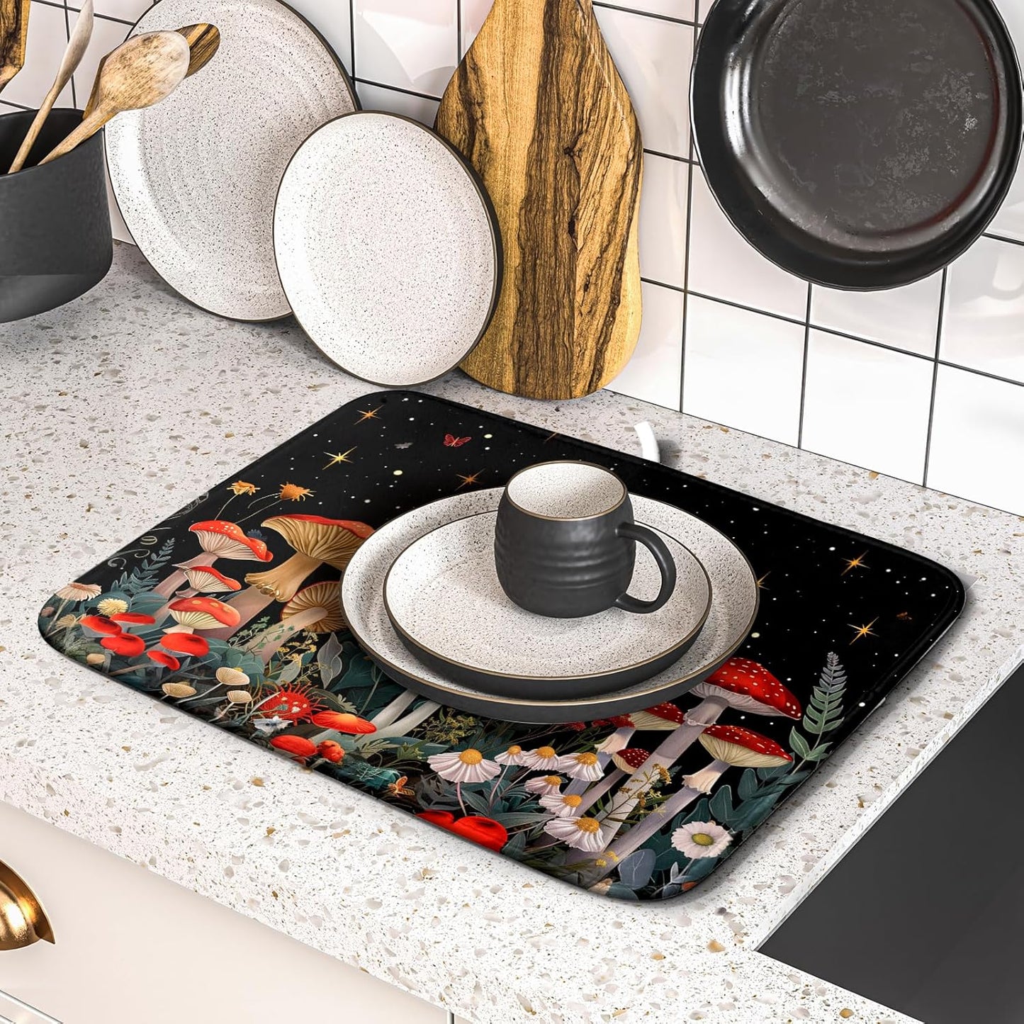 Black Mushroom Dish Drying Mat for Kitchen Counter Leaves Botanical Microfiber Dish Rack Mat Drainer Pad Washable Absorbent Dry Mat 16x18 Inch
