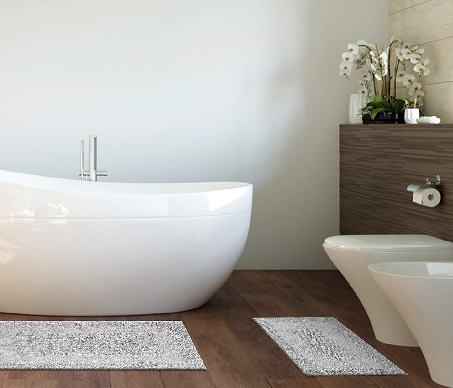 Bathroom Rugs Set 2 Piece Light Grey Cotton Tufted Reversible Washable Bath Mats for Bathroom Floor| Quick Dry Bathroom Mat for Tub Spa Shower Toilet| Entry Way Door Mats|21x32 & 17x24 Inches