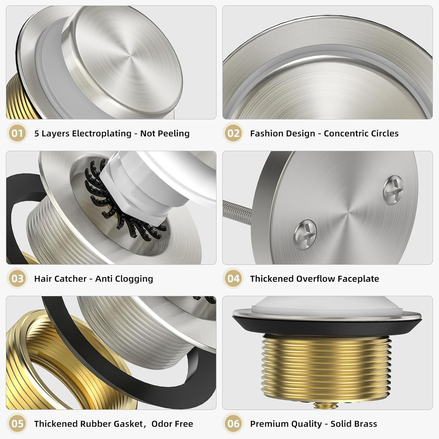 Brushed Nickel Tub Drain Kit with Hair Catcher, Premium Brass Tip-Toe Bathroom Tub Drain Replacement and 2-Hole Overflow Faceplate, 11.5/16 UNC Bathtub Drain Stopper Assembly