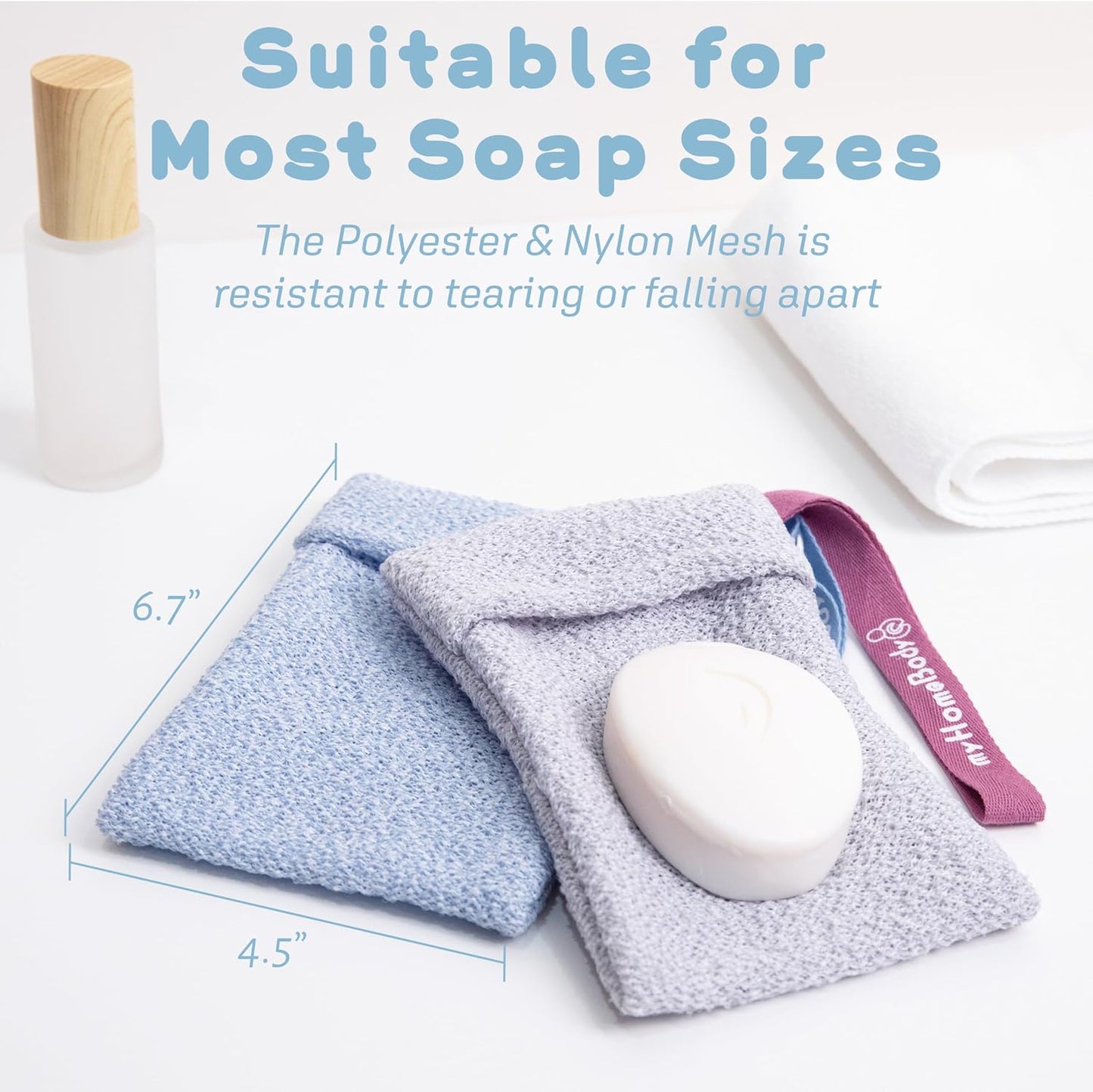 myHomeBody Soap Pocket for Gentle Exfoliating, Lather Mesh Bag, Body Scrubber Exfoliator, Pouch for Shower, Leftover Bits Saver, Light Blue, Gray - 2 Pack