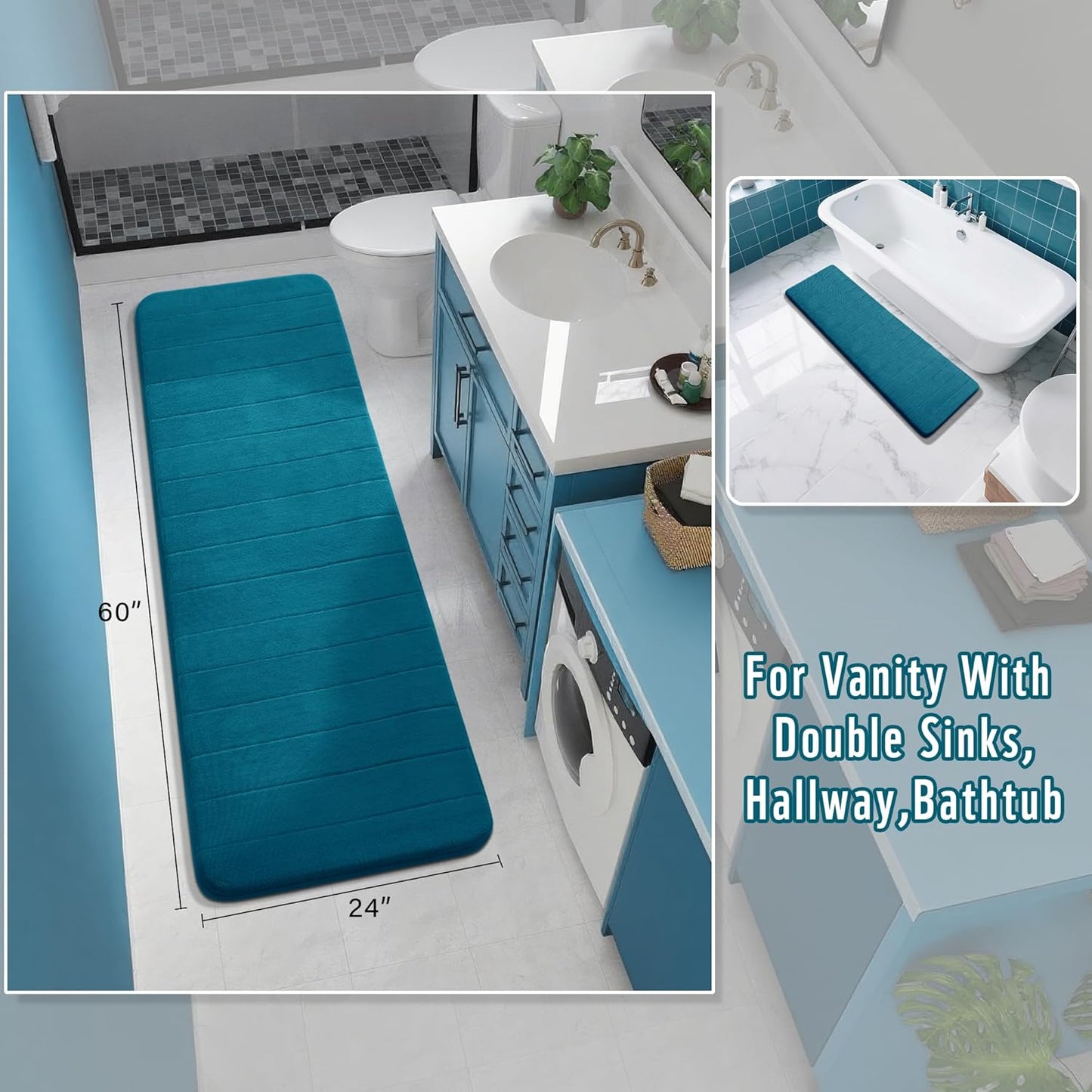 Yimobra Bathroom Runner 60"x24", Non Slip Memory Foam Bath Mat, Super Soft Water Absorbent Hallway Carpet, Machine Washable Rug for Vanity Tub Shower, Peacock Blue