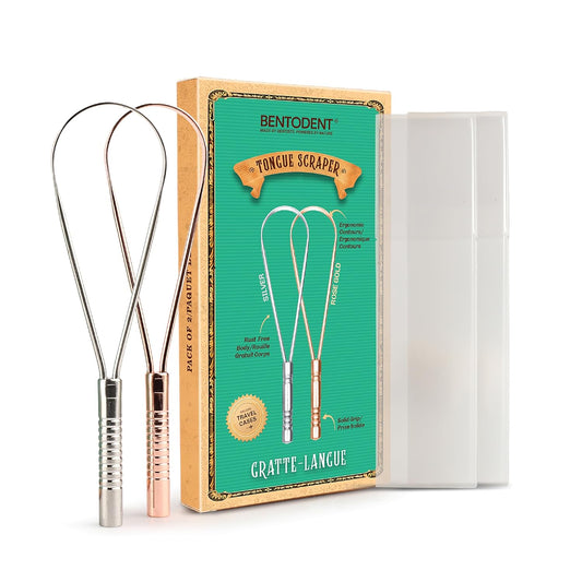 BENTODENT Tongue Scraper for Adults & Kids, Silver & Rose Gold, 100% Stainless Steel tongue scraper, Rust-Free metal, 2-Pack with Travel Case, Reduce Bad Breath, Tongue Scrubber, Tongue Cleaner