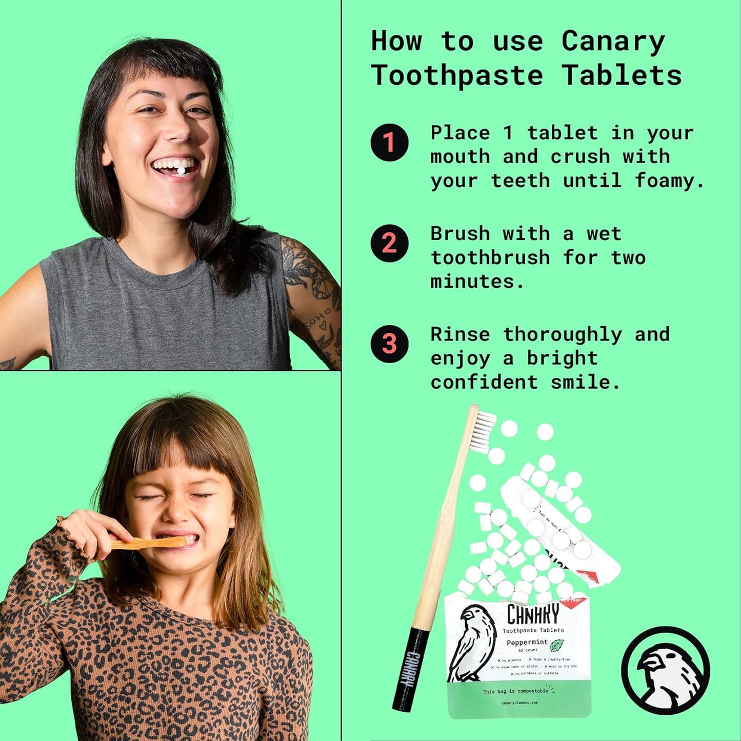 Canary Nano Hydroxyapatite Toothpaste Tablets Peppermint - Remineralizing, Fluoride Free, All Natural Tabs with Xylitol - Great for Travel, Plastic Free - 240 Count