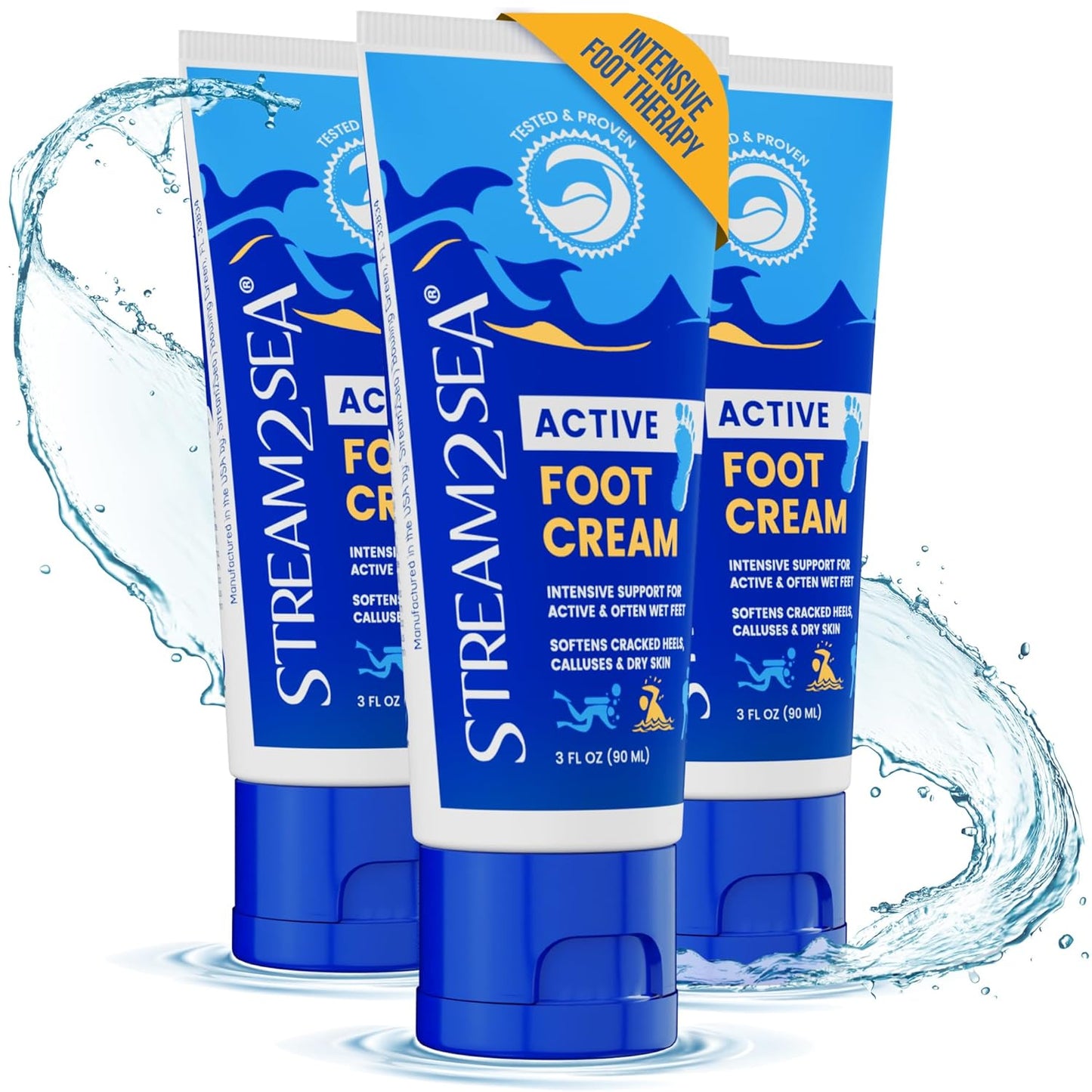 STREAM 2 SEA Active Foot Cream, Intensive Support for Active & Often Wet Feet - Softens Cracked Heels, Calluses & Dry Skin, Enriched with Neem and Tea Tree, Fast-absorbing and Non-greasy - 3 Pack