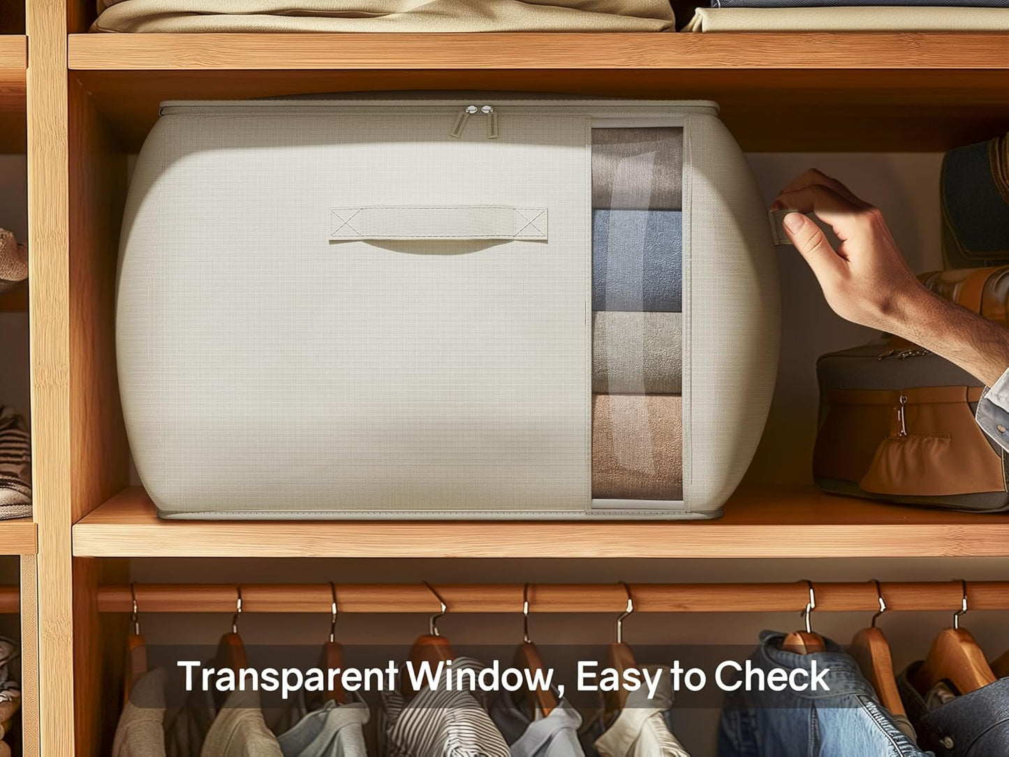 Large Canvas Clothes Storage Bags with Thick Handles and Clear Window, Foldable Cotton Linen Closet Organizer for Clothing, Blankets and Bedding, 70L, 2 Pack, Beige