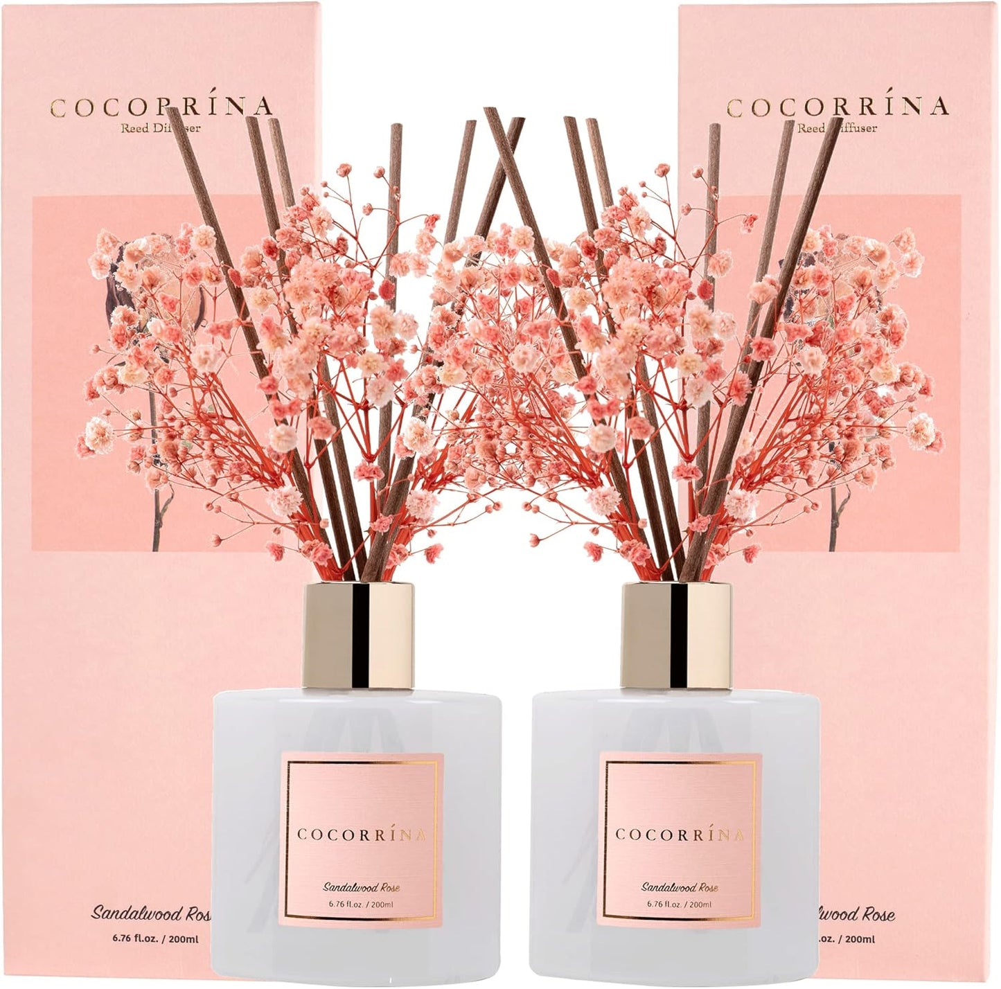 Cocorrína Premium Reed Diffuser Set with Preserved Baby's Breath & Cotton Stick Sandalwood Rose 2 Packs, 6.7oz Scent Fragrance Oil Diffuser for Bedroom Bathroom Home Décor