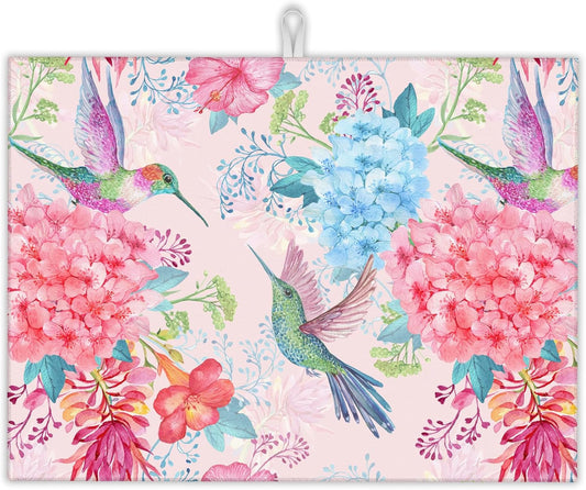Humming Bird Dish Drying Mats 18x24 Inch,Tropical Flowers Dish Pad Drying Rack Mat for Kitchen Counter Ultra Absorbent Microfiber Dishware Coffee Maker Bar Countertop Decor