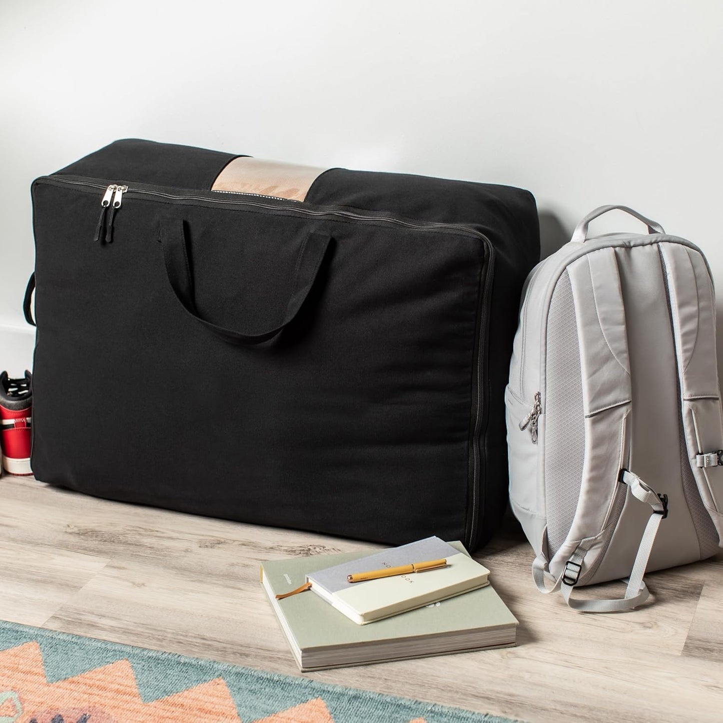 Soft Canvas Storage Bags with Zipper. Thick Breathable, 2pc King/Queen Comforter Organizer. Four Carrying Handles and Window. Large 25x19x9in Bag for Sheets Blankets Bedding Pillows, Clothes (Black)