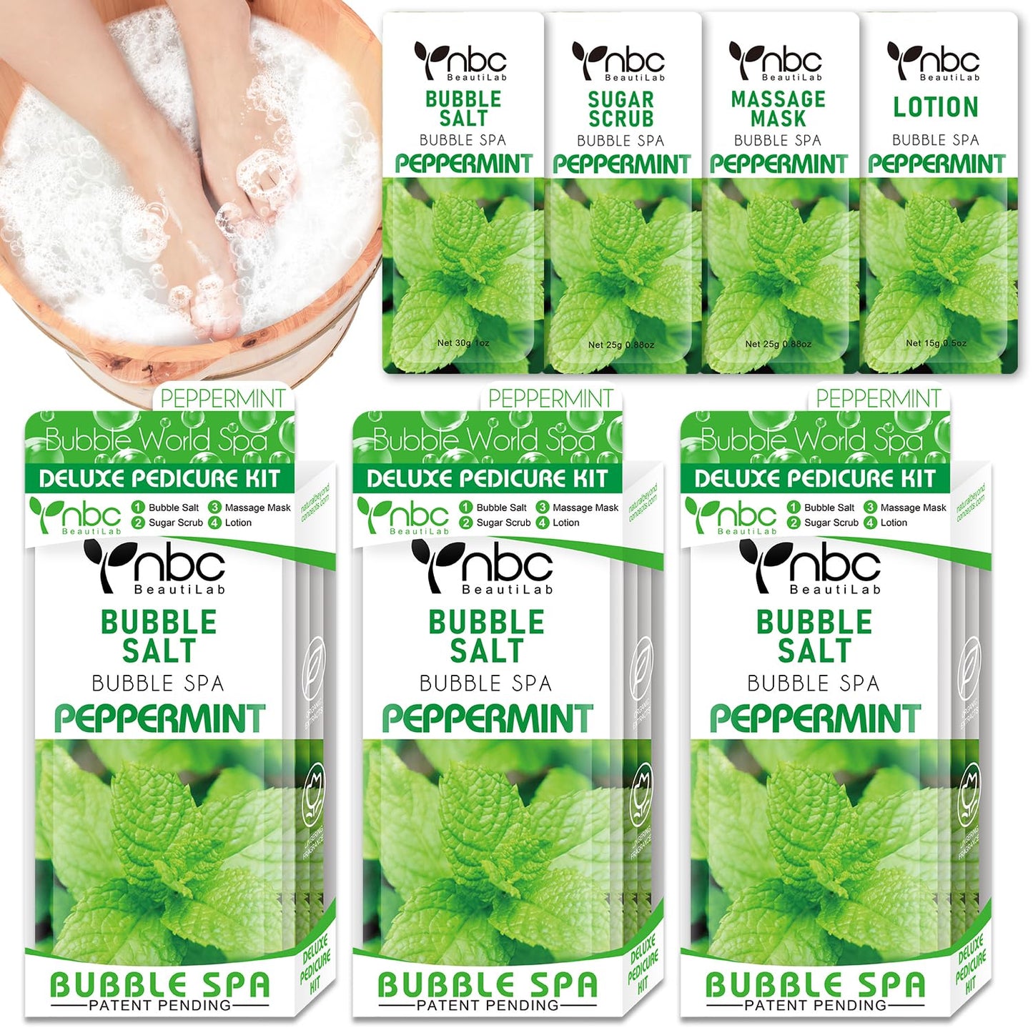 Pedicure Kit Foot Soak Set: Bubble Salt, Sugar Scrub, Massage Mask, Massage Lotion in a Box, 4 Step Foot Spa Kit for Dry Feet, Calluses and Tired Feet(3 Set Peppermint)
