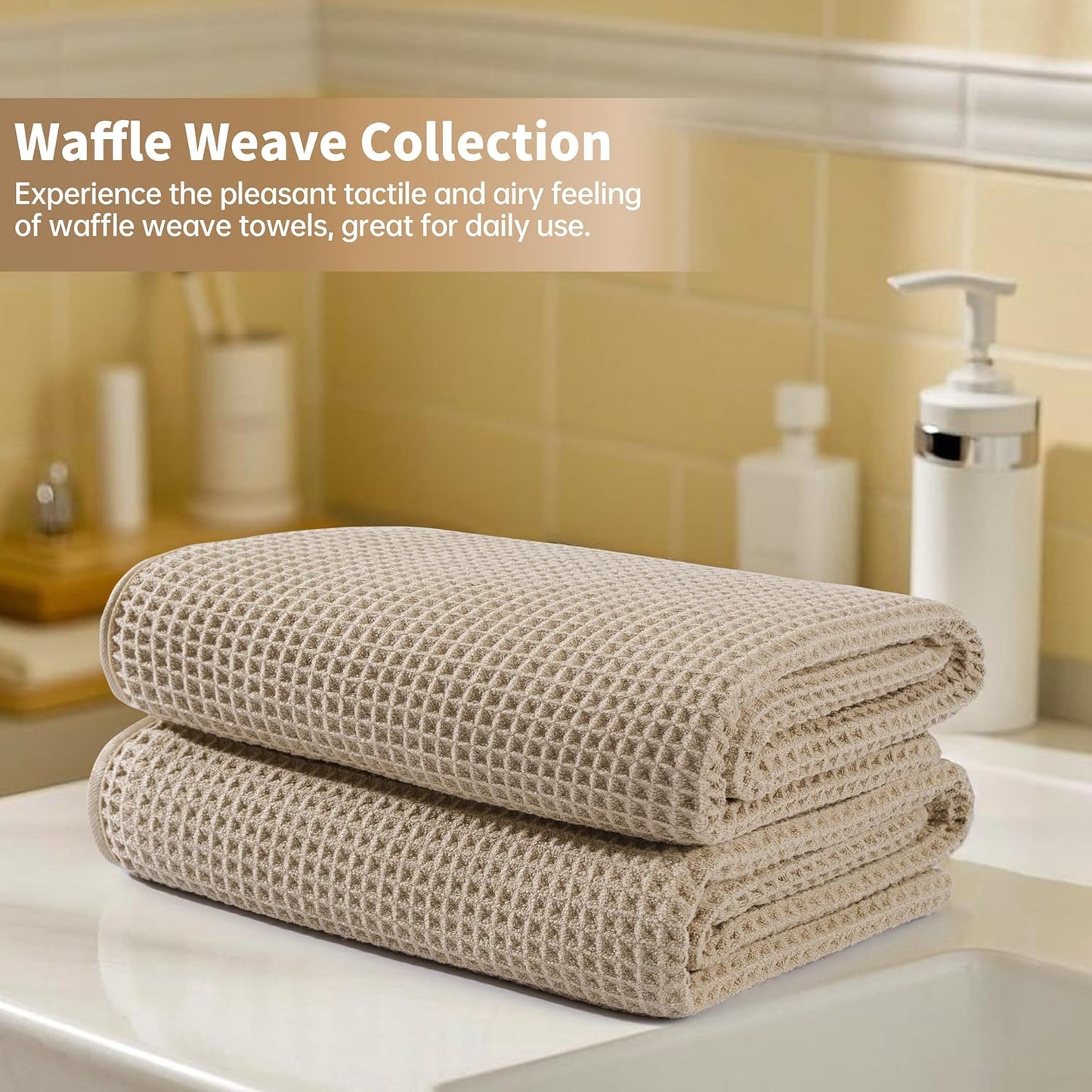 New Microfiber Waffle Bath Towels, 2 Pieces, Oversized, Soft, Absorbent, Fast Drying, Lint Free (Beige)