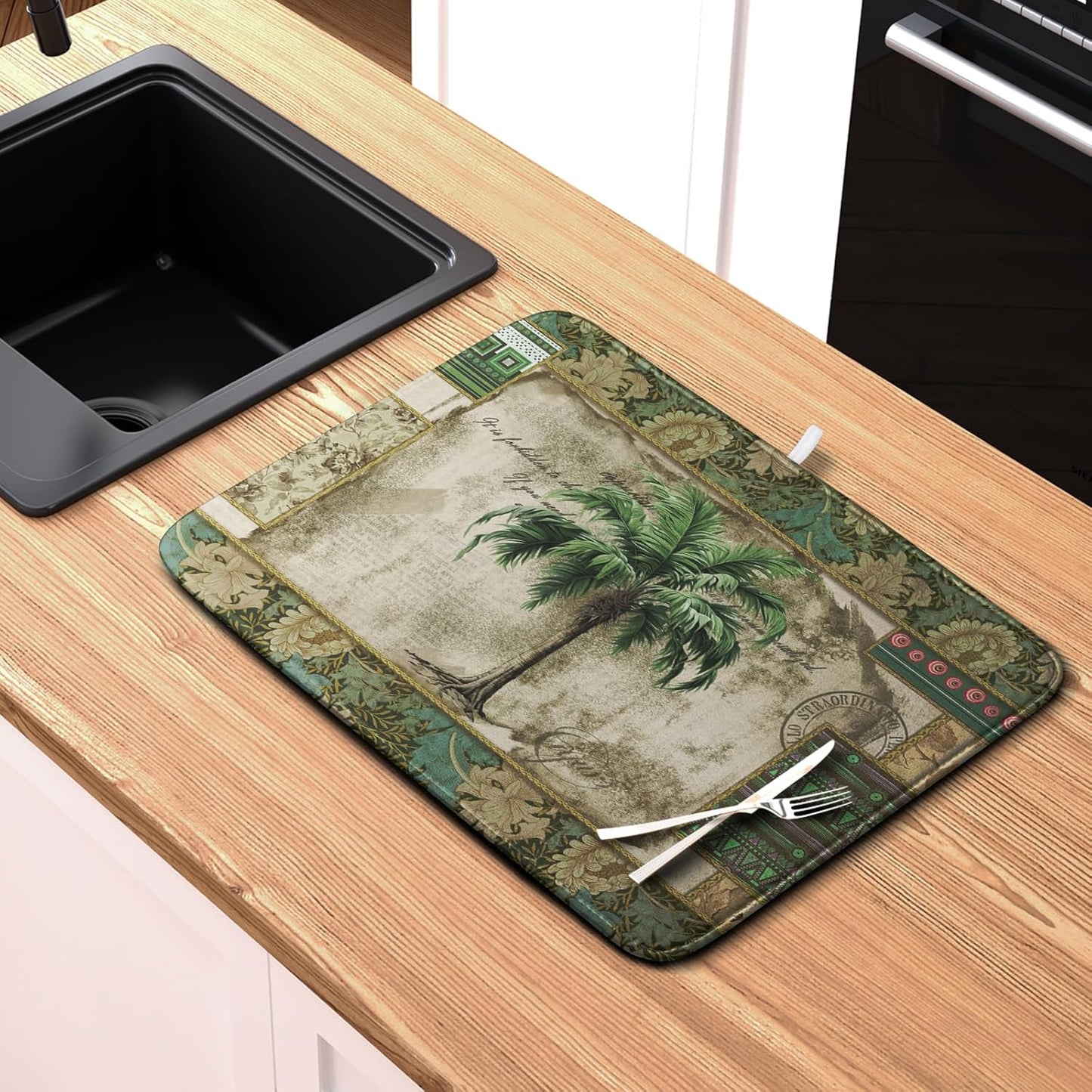 Palm Tree Kitchen Dish Drying Mat for Dishes 16x18 Inch Summer Vintage Tropical Leaves Green Jungle Plant Drying Mat Botanical Dish Drainer Mat Super Absorbent Dish Rack Pad for Coffee Bar Sinks