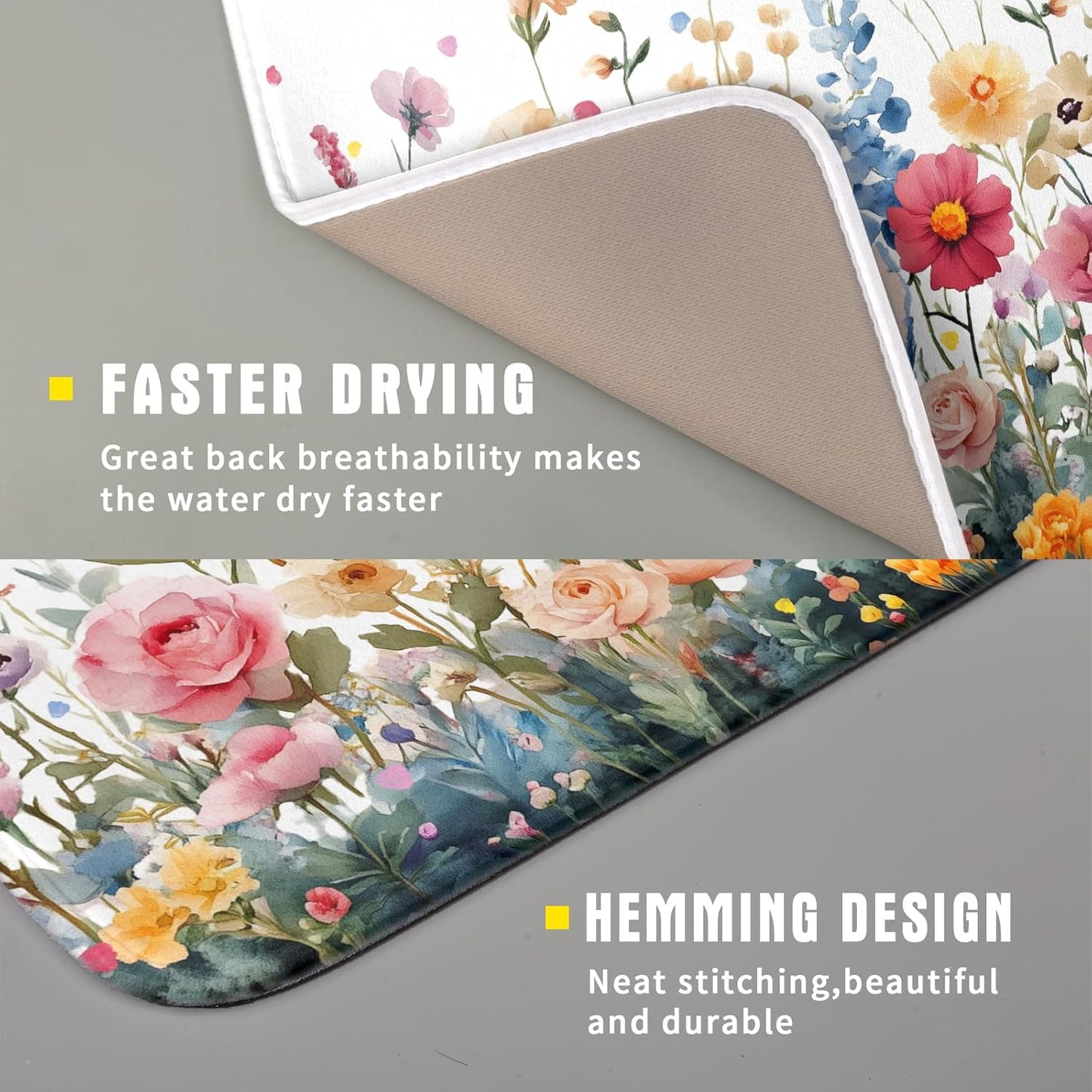 Colorful Flower Dish Drying Mat 16x18 Inch Botanical Floral Drainer Rack Mats Washable Absorbent Dish Dry Pad for Kitchen Counter Sink