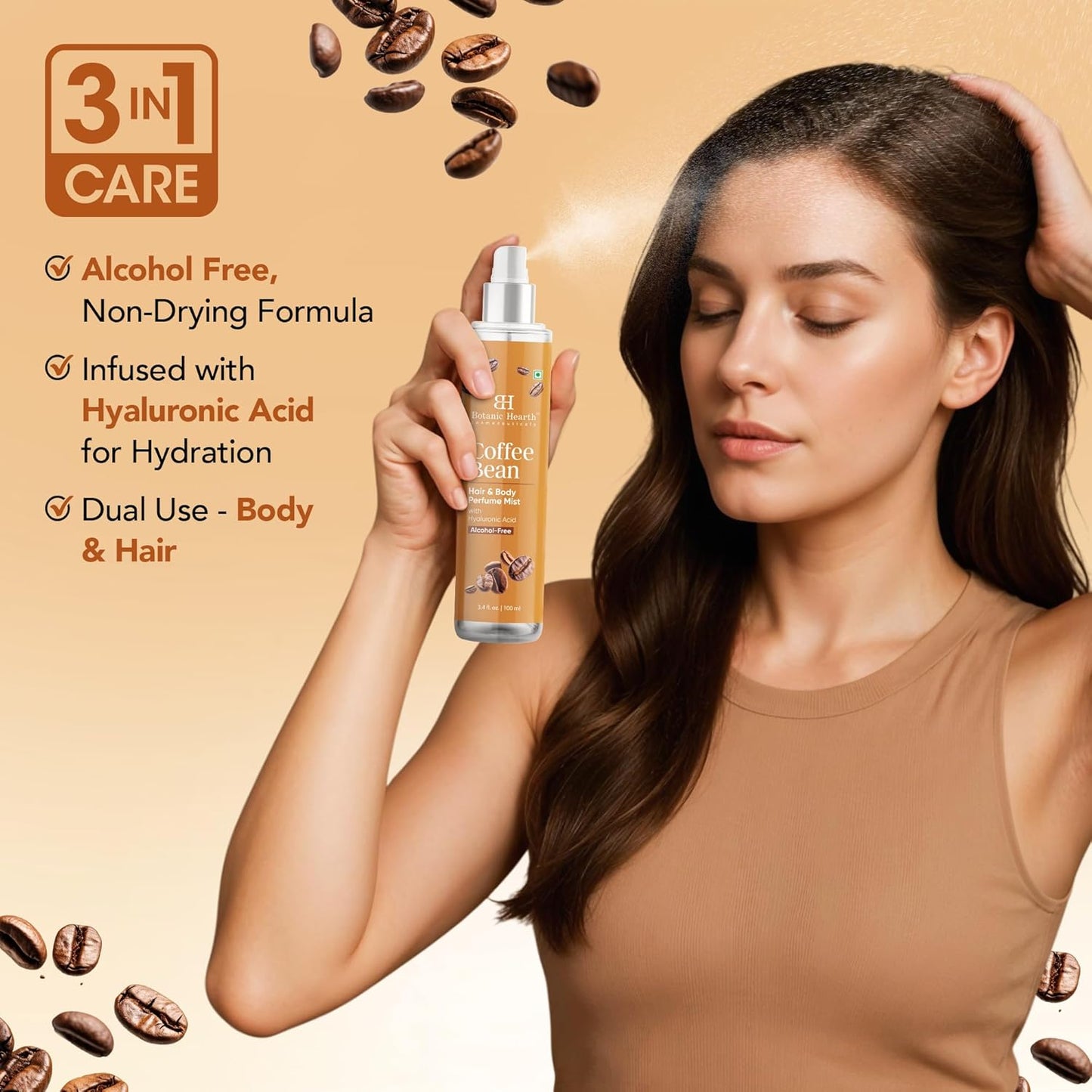 Botanic Hearth Coffee Bean Hair & Body Perfume Mist with Hyaluronic Acid – Alcohol-Free Body Spray for Long Lasting Fragrance & Hydration – Refreshing Coffee Scent, 3.4 fl oz / 100 ml