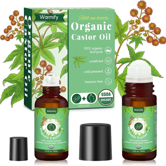 2-in-1 Castor Oil Roll On for Face & Hands, Organic Cold Pressed, Hexane-Free, Unrefined Glass Bottle – Targeted Roller Balls for Eye, Lip, Skin, Nail & Cuticle Care – 2 x 1 fl.oz