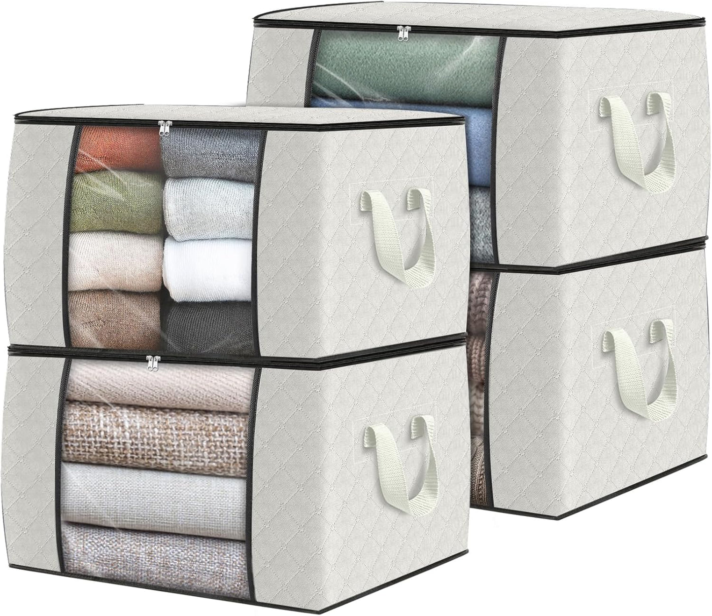 Fab totes 4 Pack Clothes Storage, Foldable Thick Fabric Blanket Storage Bags, Containers for Organizing Bedroom, Closet, Clothing, Comforter, Organization with Handle,Ivory White