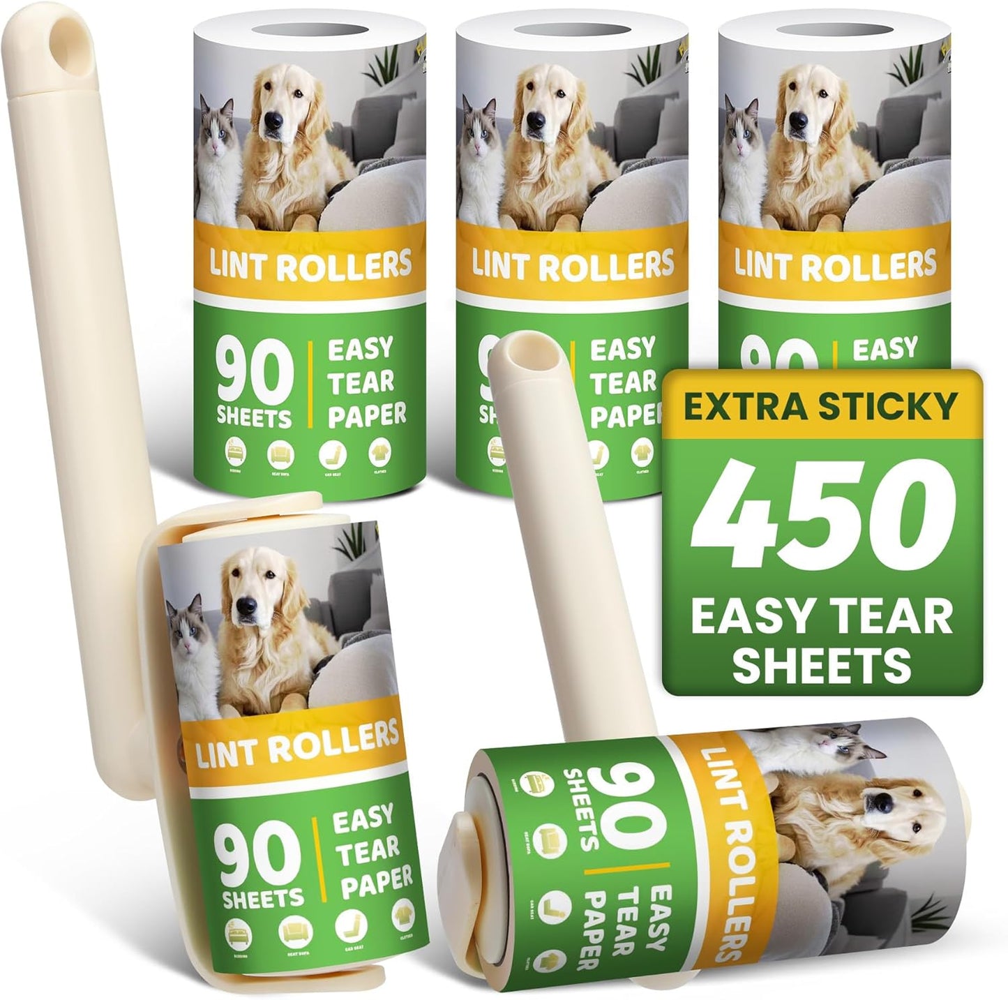 Lint Roller 2-in-1 Rotatable Handle Pet Hair Remover for Laundry Dog Hair, Cat Hair, Animal Fur, Fuzz Extra Sticky Roller for Couch, Clothes, Furniture and Carpet (5 Pack)