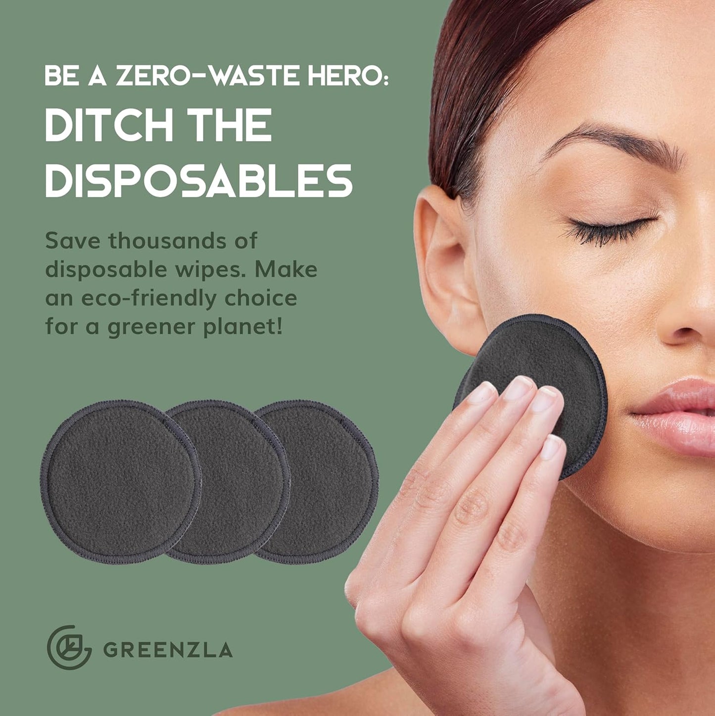 Greenzla Reusable Makeup Remover Pads - 20 Pack Organic Dark Charcoal Bamboo Cotton Pads with Mesh Laundry Bag, Cotton Travel Pouch, & Cotton Rounds Holder, Sustainable Face Wipes for All Skin Types