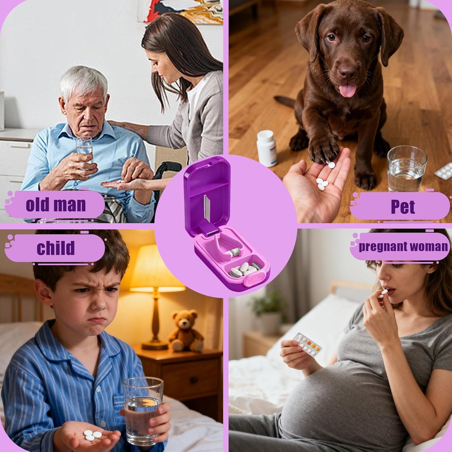 Pill Cutter Splitter for Small or Large Pills with Safety Lock - Accurate and Easy Travel-Friendly Design for Daily Use (Purple)