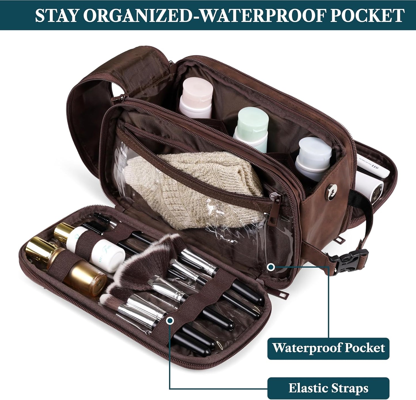 PAVILIA Large Toiletry Bag for Men Women, Mens Travel Bag Toiletries Organizer Case for Grooming, Travel Essentials Shaving Dopp Kit, PU Leather Water Resistant Cosmetic Pouch, Dark Brown