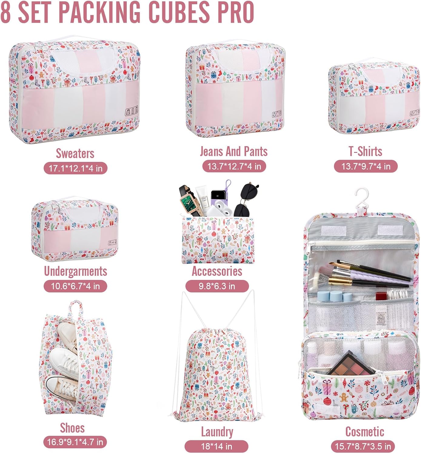 Veken 8 Set Packing Cubes for Travel Kids, Beach Vacation Essentials Accessories for Cruise Ship, Suitcase Organizer Bags for Luggage with Hanging Toiletry & Shoe Bag, Birthday Gifts for Women Mom Her