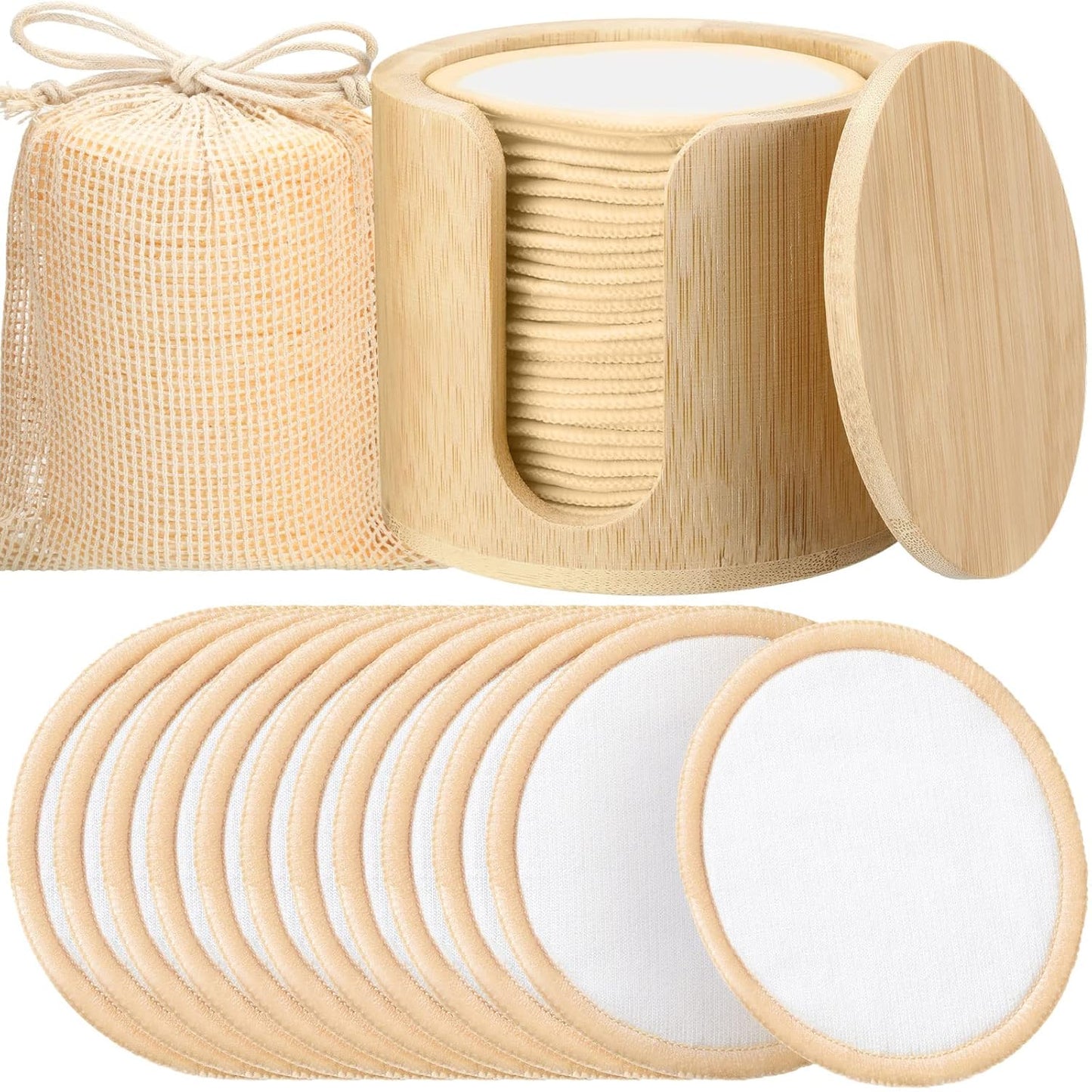 Foaincore 40 Pcs Reusable Makeup Remover Pads with Mesh Laundry Bag Washable Bamboo Cotton Rounds Soft Reusable Face Pad for Toner Skin Types with Bamboo Holder(White, Tan)