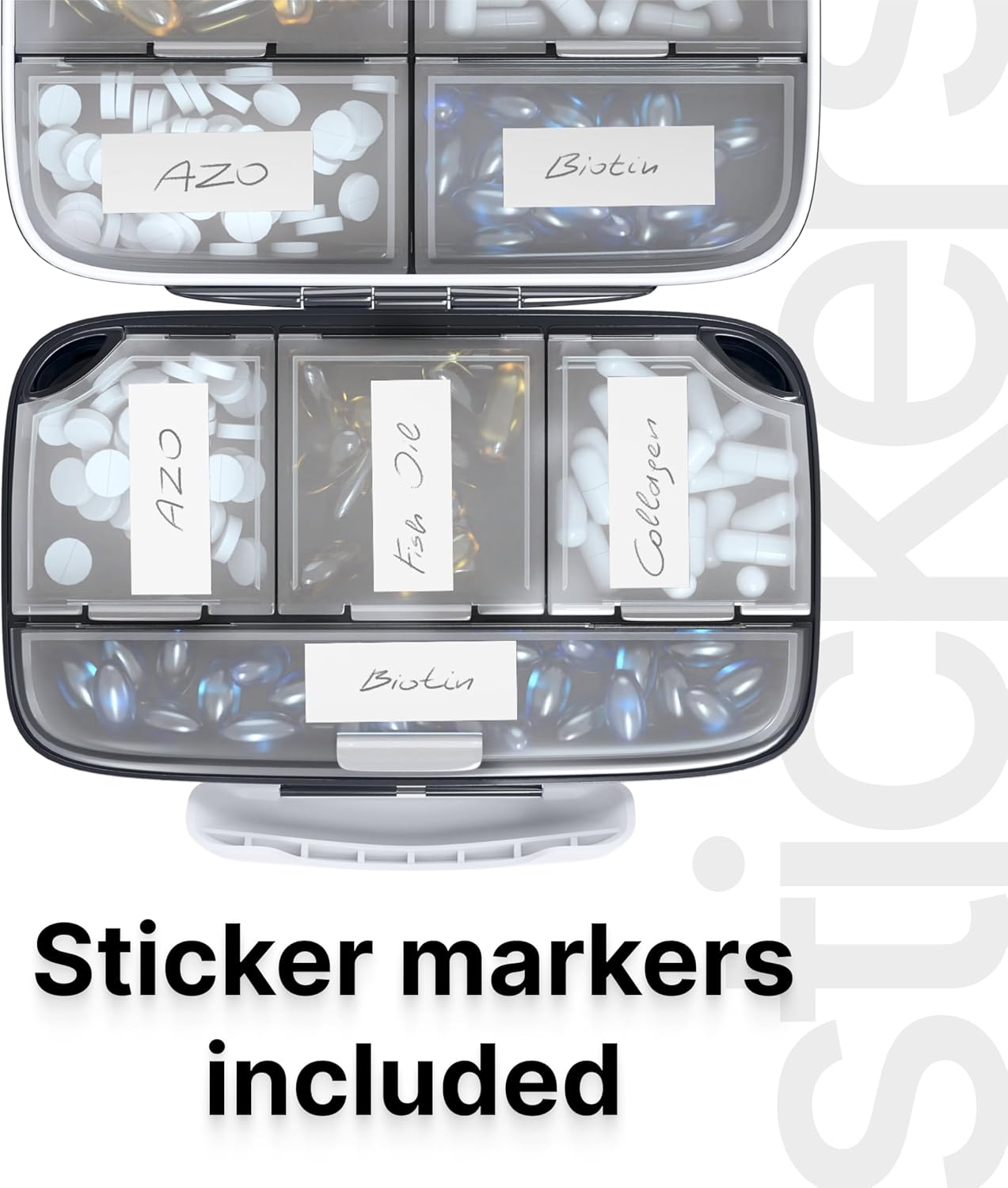 Travel Pill Organizer - Airtight Medicine Case for Traveling Portable Pharmacy Box with Labels Vitamin Container 8 Compartment Supplement Medication Holder Large Capacity Daily (Grey)