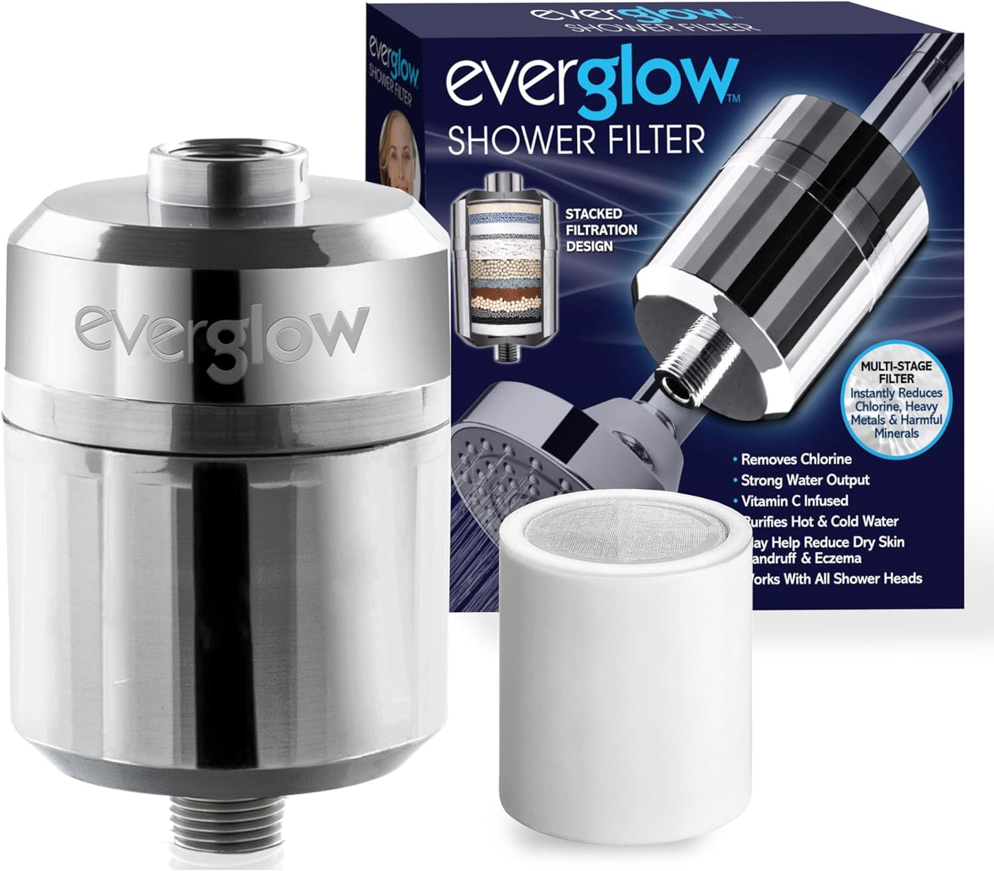 EVERGLOW High-Output Shower Filter, 100% Removes Chlorine, Moisturizes Dry Itchy Skin, Skin and Hair, Helps with Dandruff, Eczema and Vitamin C Infused and Water Softener, 4.7” - Chrome