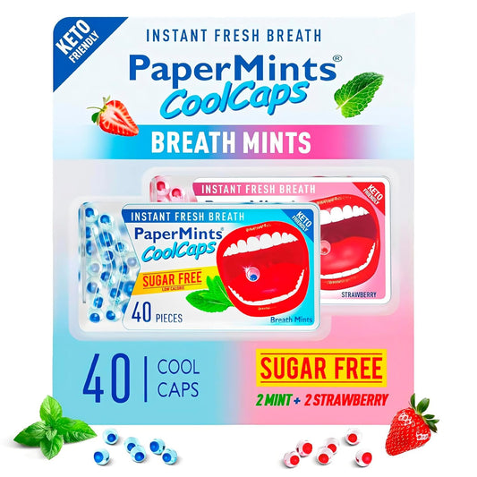 PaperMints CoolCaps - Instant Fresh Breath Mints Sugar-Free Variety 4 Pack - 160 capsules. Chronic Bad Breath Treatment for Adults, Peppermint Mouth Freshener Mint Pearls Halitosis Dry Mouth Products