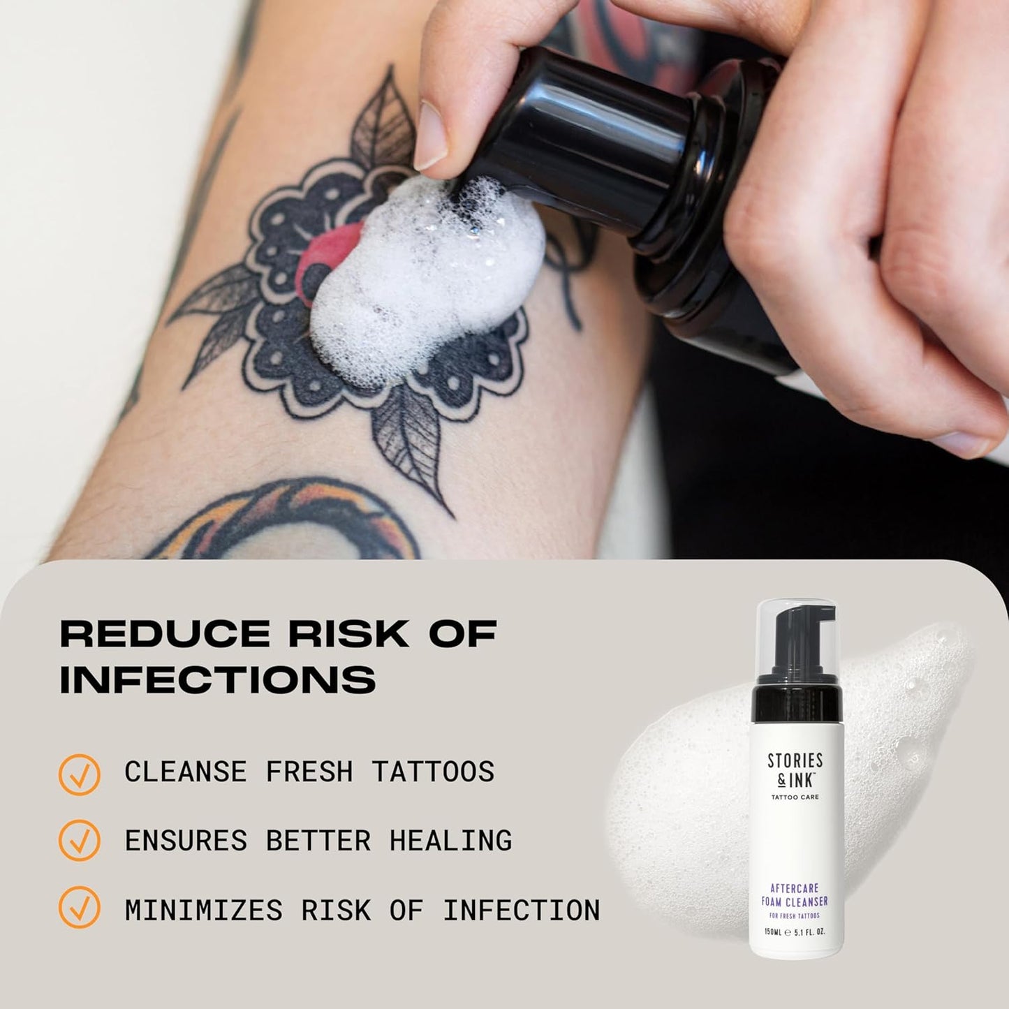 Stories & Ink Tattoo Care | AFTERCARE FOAM CLEANSER for fresh tattoos - For Fresh Tattoos, Soothes Skin, Ultra Gentle Soap, Sulfate Free, Fragrance-free, Vegan & Cruelty-free, 150 mL / 5.1 Fl Oz