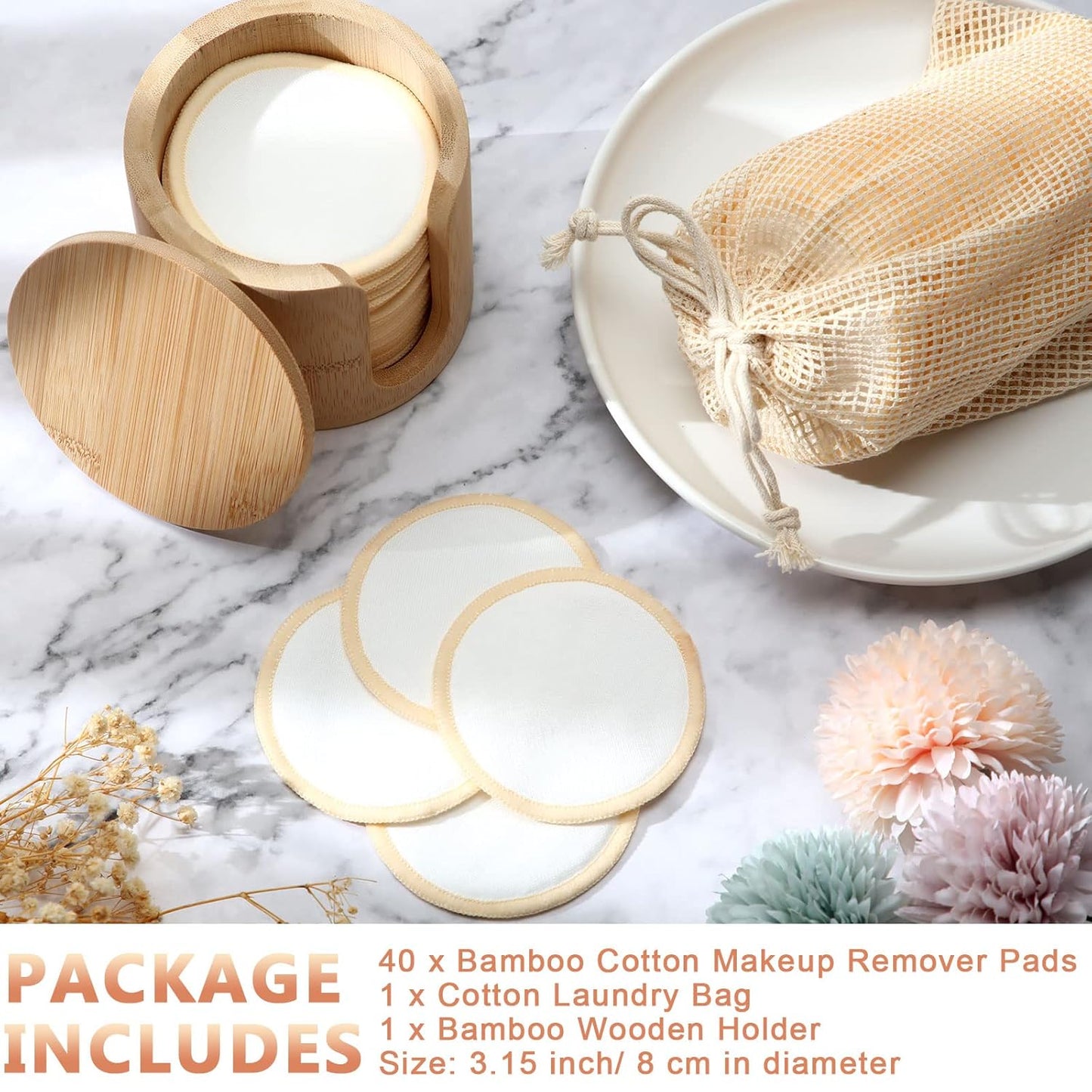 Foaincore 40 Pcs Reusable Makeup Remover Pads with Mesh Laundry Bag Washable Bamboo Cotton Rounds Soft Reusable Face Pad for Toner Skin Types with Bamboo Holder(White, Tan)