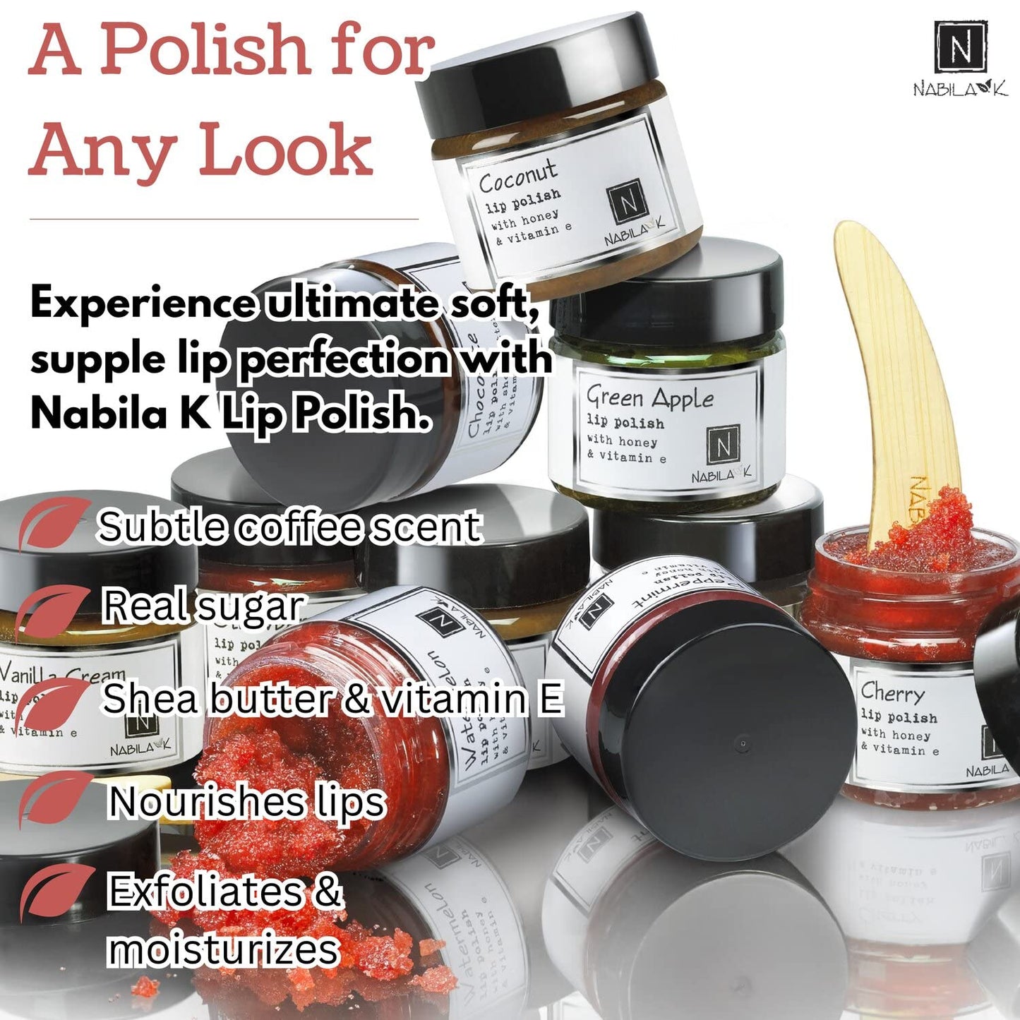 Coffee Lip Polish, 1 oz by Nabila K - Hydrating Lip Exfoliator & Moisturizer with Honey and Vitamin E for Dry and Chapped Lips - Cruelty-Free, Real Sugar, Made in USA