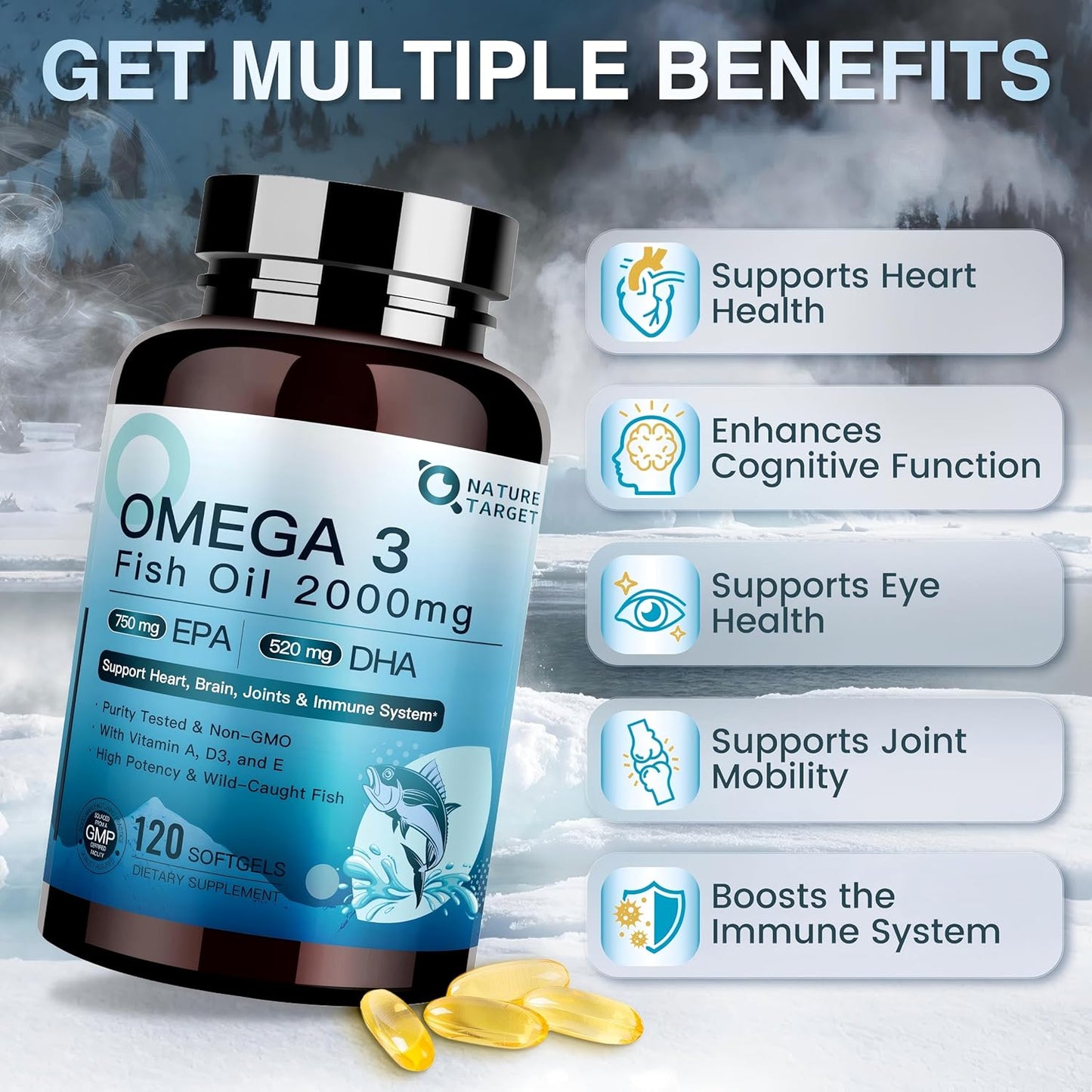 NATURE TARGET Omega 3 Fish Oil 2000mg Softgels with Vitamin D3 & E & A - EPA & DHA- Max-Absorption, Supports Heart, Brain & Immune Health, Non-GMO, 120 Softgels