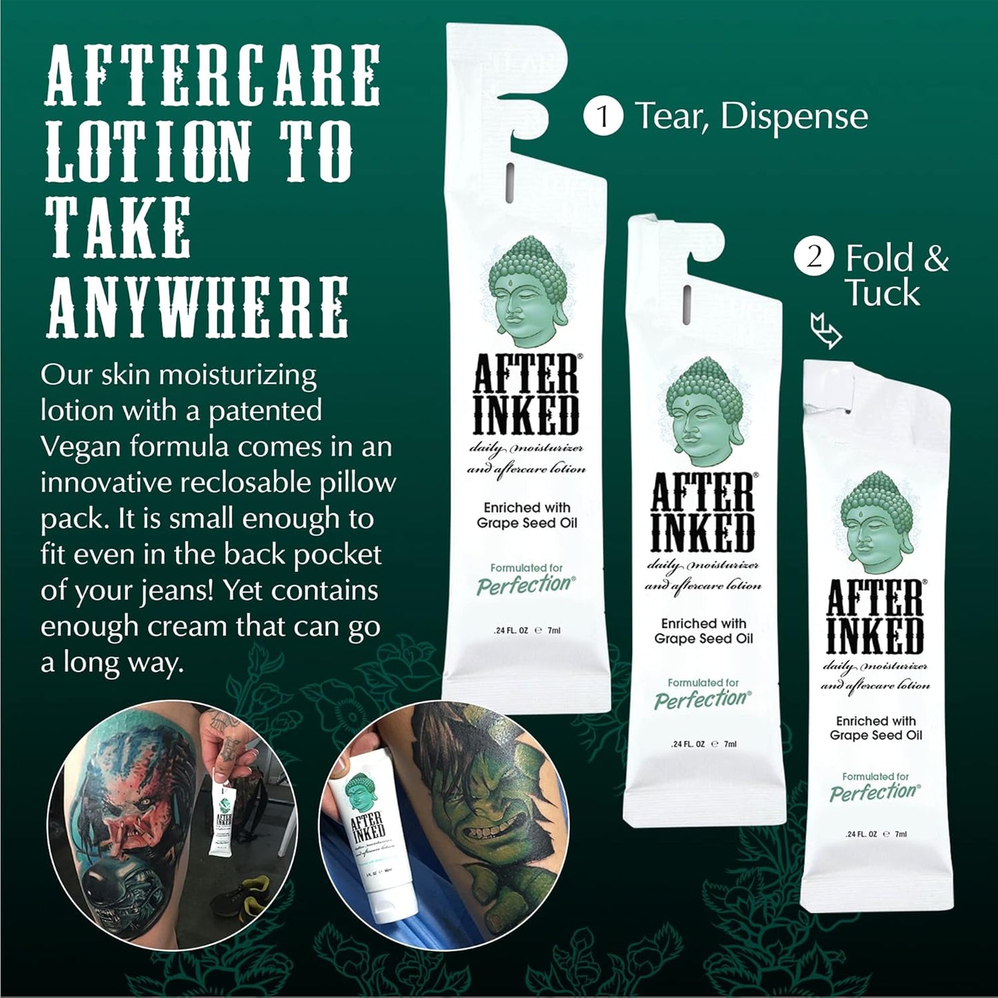 After Inked Tattoo Aftercare Lotion – Tattoo Moisturizing Balm, As Seen on INK MASTER – Hydrating Cream with Grape Seed Oil, Skin Nourishment & Daily Maintenance, Reclosable Pillow Pack (50-Pack), 7ml