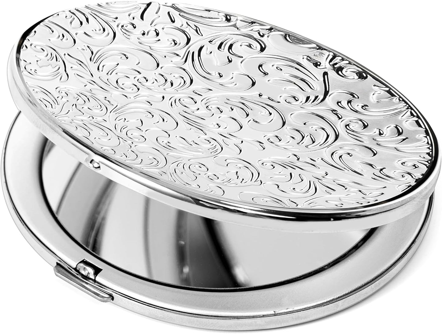 Portable Compact Metal Folding Makeup Mirrors, Beautiful and Elegant,1X/2X Magnifier. (Silver)